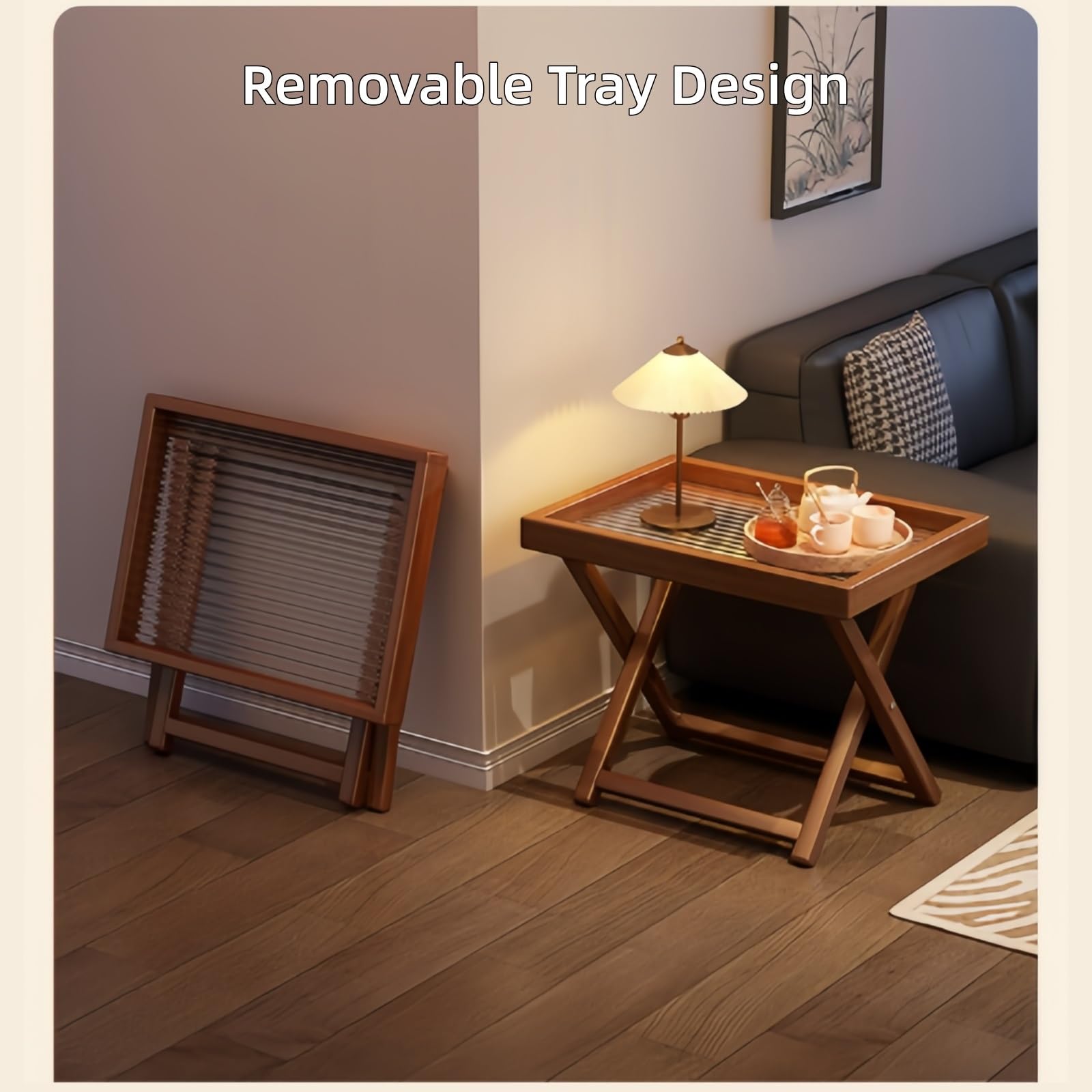 Tavolino Pieghevole,Tavolino Vassoio Struttura X Bambù,Piano Rimovibile | Comodino Pieghevole Compattico,Facile Riporre Spazi Ridotti,per Divano,Comodino(Bamboo Tabletop)