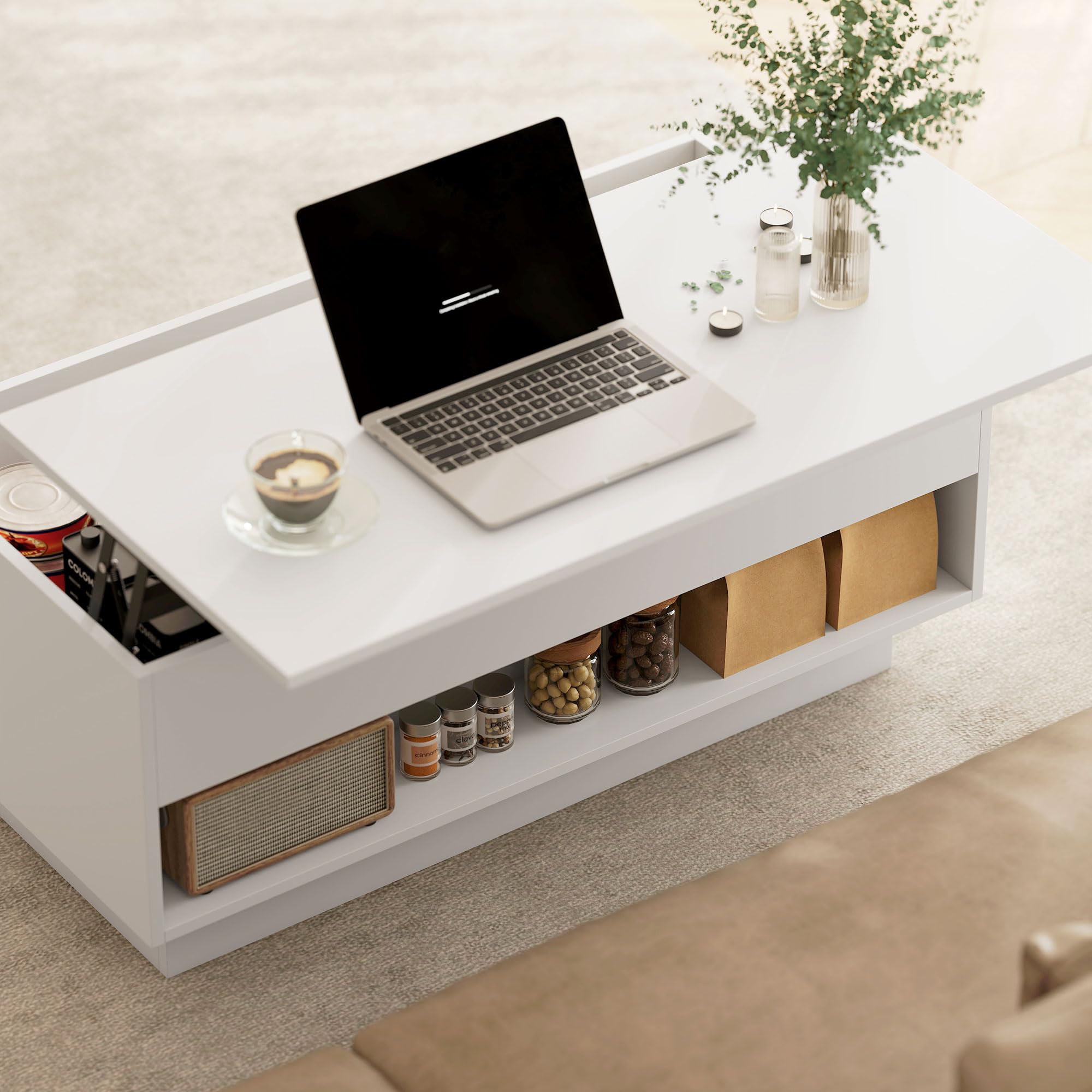 HOMCOM - Mesa baja elevable moderna con compartimento oculto y 2 cajones, mesa de salón para oficina y salón, 100 x 50 x 44 cm, color blanco