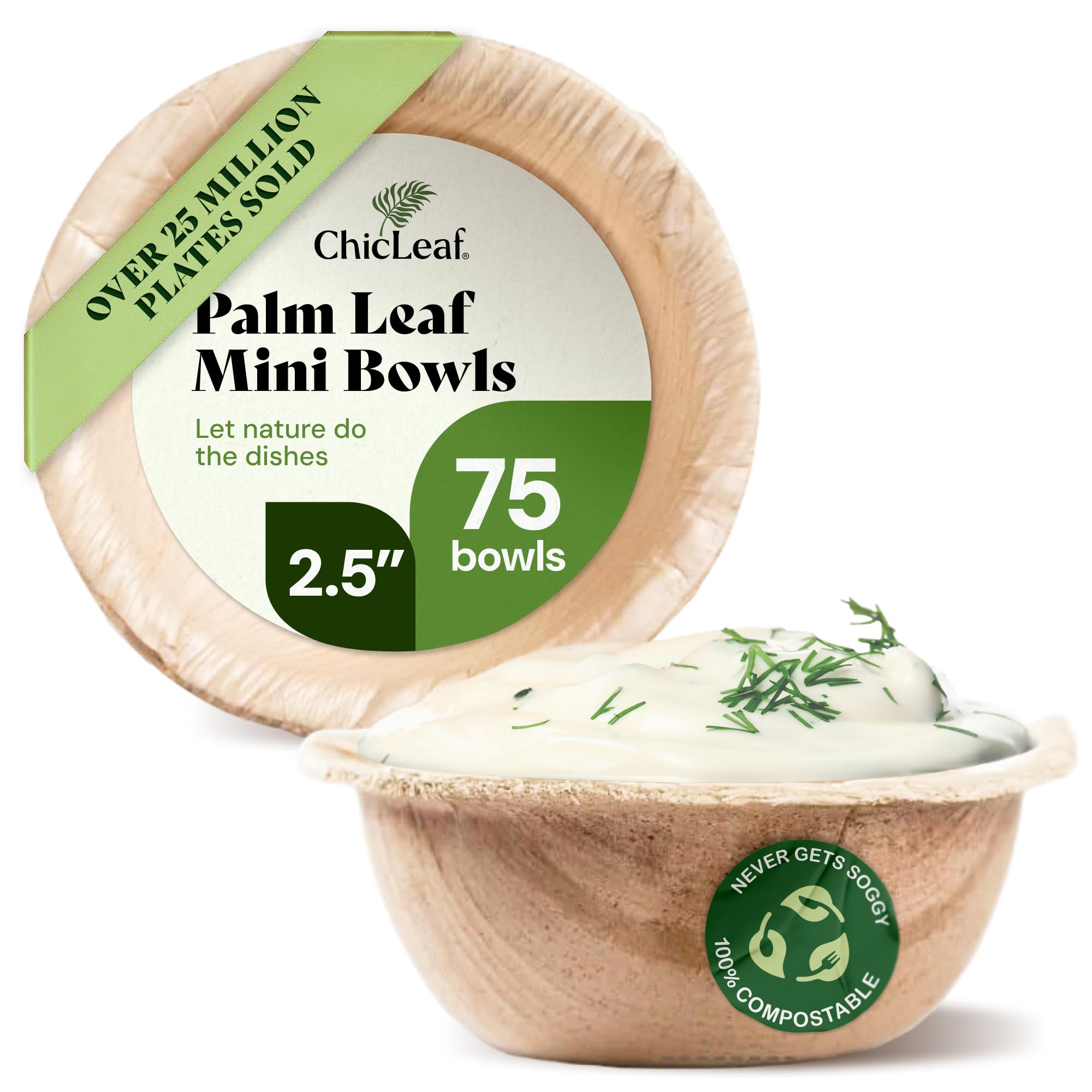 chic leaf palm leaf disposable bamboo bowls - 3" square, pack of 50, natural - biodegradable & compostable mini palm plates - dipping cups & charcuterie disposable bowls