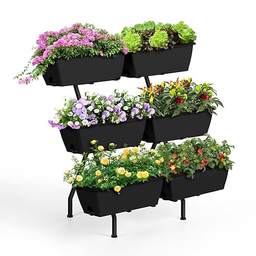 Raised Garden Beds Outdoor with 6 Garden Planter Boxes Freestanding Vertical Raised Bed for Gardening with Legs, Elevated Herb Garden Planter with Water Drainage for Patio, Balcony, Backyard, Black - Black