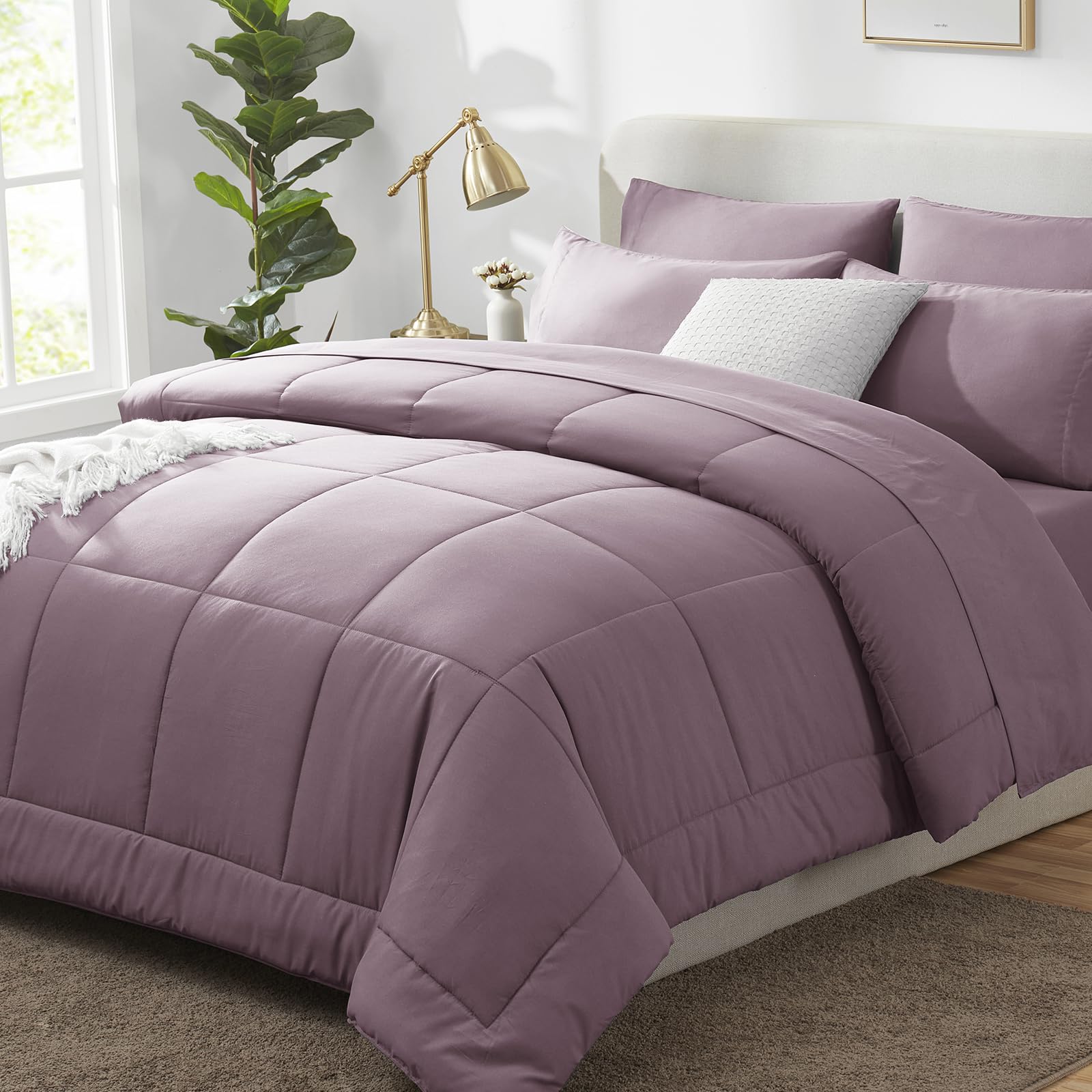 CozyLux King Size Comforter Set Dusty Purple, 7 Pieces Bed in a Bag, Purple Comforter King Size, Bedding Set with All Season Quilted Comforter, Flat
