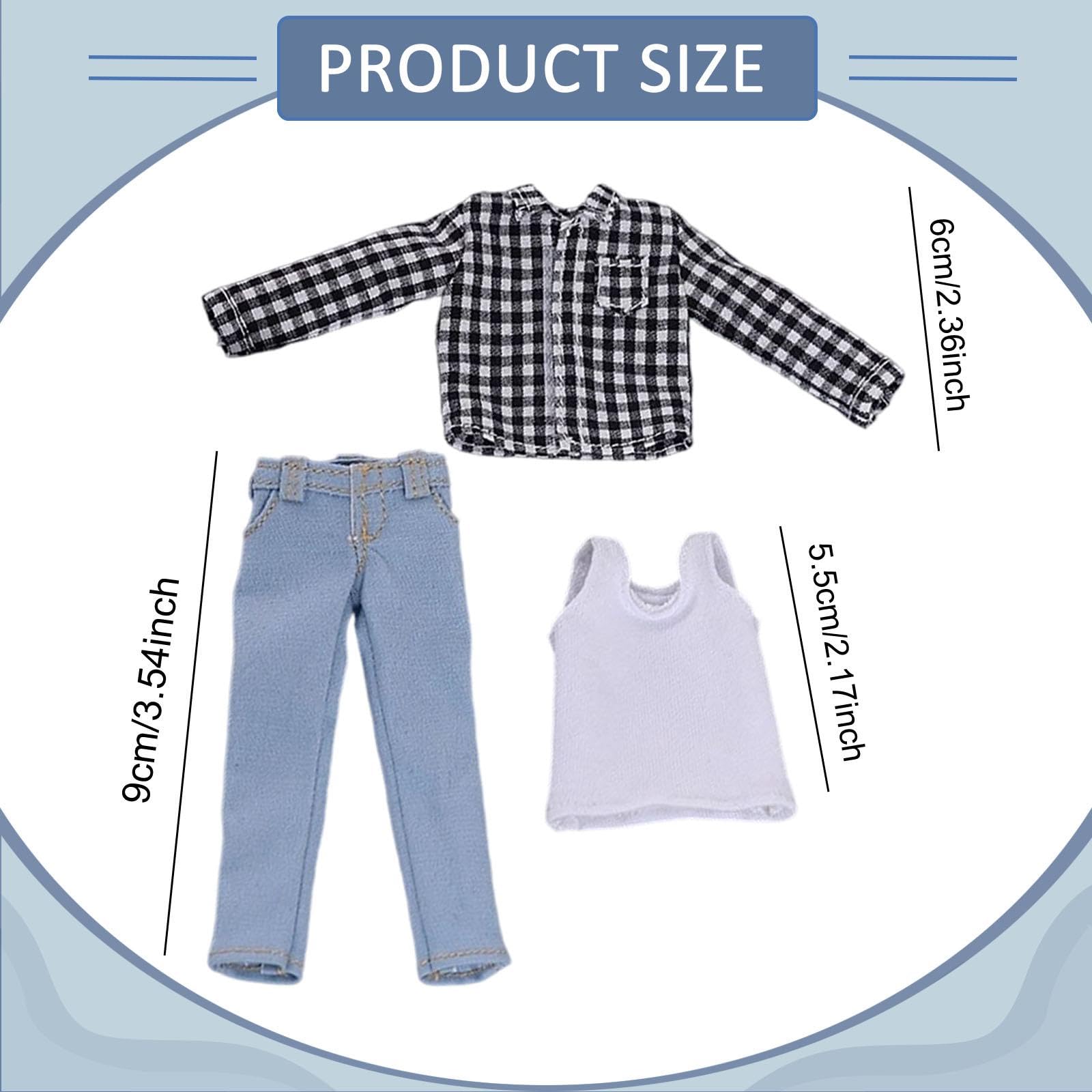 3 Stück Puppenhemd Herrenpuppen Kleidung Weste Jeans Hose Set Aus Stoff für 1/12 BJD Puppen für Dekoration Spiel Figureninszenierung, Schwarzes Weißes Netz