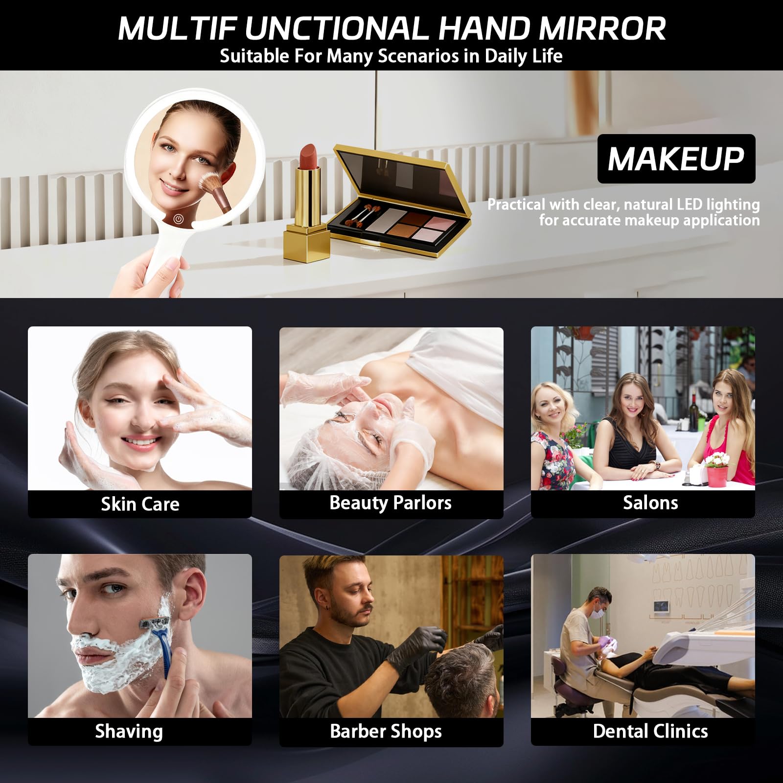 Specchio a Mano con Luce, Specchio da Trucco Ricaricabile Portatile, Interruttore Tocco, 3 Colori Chiari, Per Parrucchiere, Trucco, Casa, Viaggio (Round)