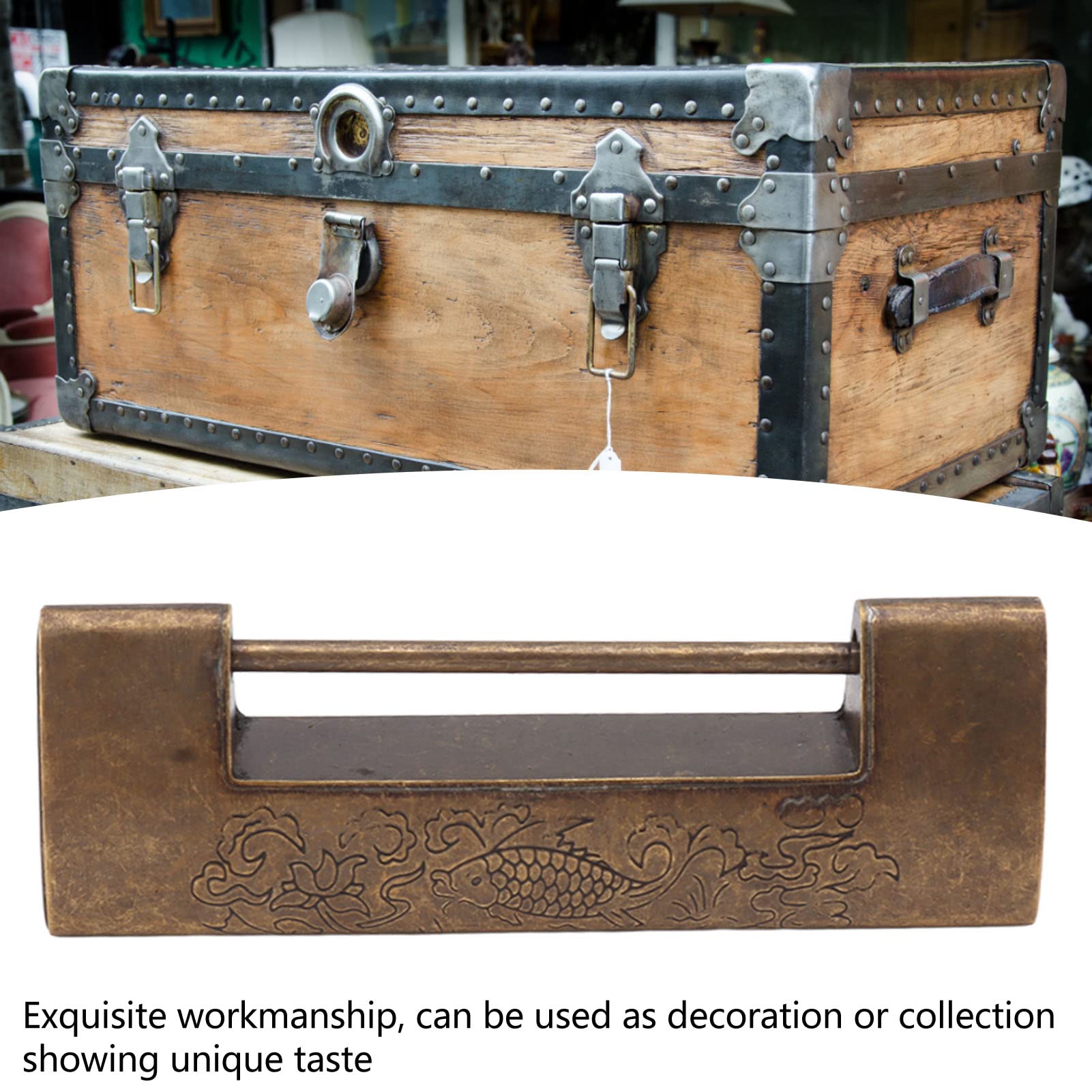 Antique Brass Lock for Wooden Boxes and Jewelry Cabinets Chinese Style Bronze Lock with Happy Fish Pattern - Image 4