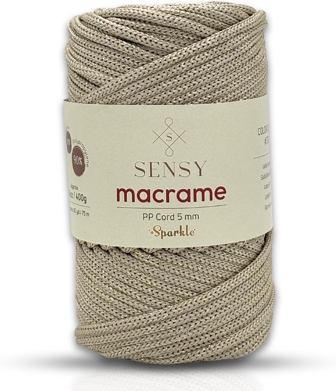 Sensy Premium 5mm 82 Yards Polyester Rope 90% Polypropylene 10% Polyester Cord Macrame Cord 5mm Crochet Bag Cord Macrame Rope Crochet Thread Gift for Knitter (Latte Sparkle)