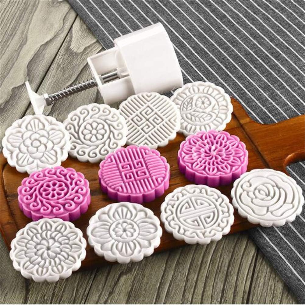 9pcs/Set Round Mooncake Mold, Hand Pressure Maker Mould+ 8 Pcs 100g Flower Stamps Mode Plunger Kit, Plastic Cookies Cutter, Moon Cake Mould, Baking Pastry Decor Tool, Kitchen DIY Bakeware Molds