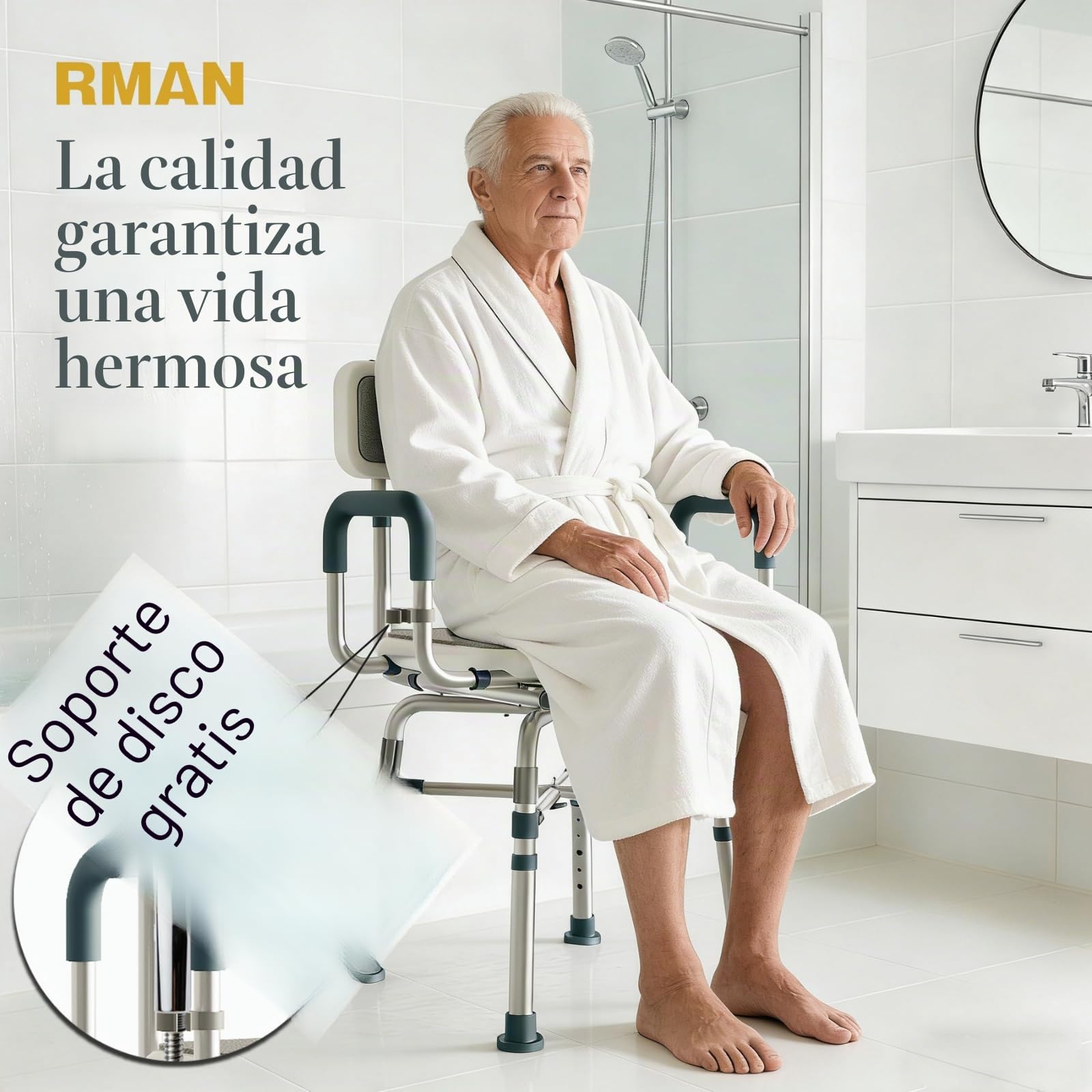 RMAN Silla de Ducha Giratoria 360° con Apoyabrazos para Personas Mayores | Almohadilla EVA, Conteras Antideslizantes, Con Apoyabrazos, Carga 300 kg, Para Mujeres Embarazadas y Movilidad Reducida, Gris