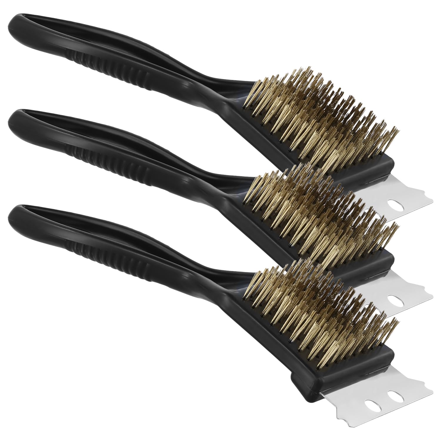 QWORK® 3 Pack BBQ Cleaner Brush with Brass Wire Bristles and Metal Scraper - Barbecue Cleaner Grill Brush for Effective Cleaning