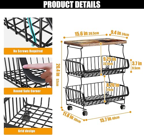 Miniatura 10 de Cesta de almacenamiento de frutas y verduras, carrito apilable de alambre de metal de 3 niveles con ruedas rodantes, estante utilitario para cocina,