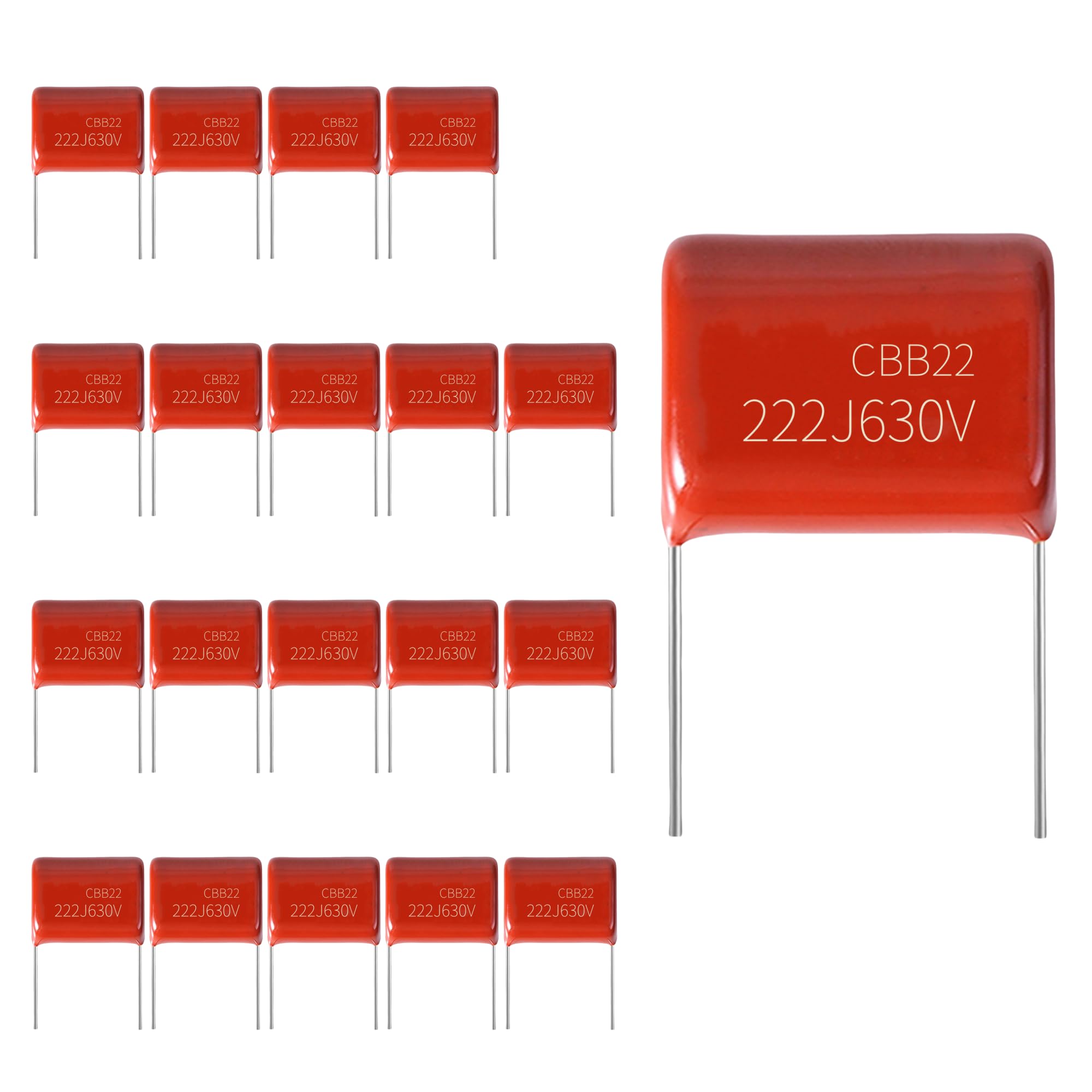 JCCON 20-Pack 630V 222J Premium Quality Metallized Polypropylene Film Capacitors, P10 CBB21/CBB22 2200pF 2.2nF 0.0022uF MPP Caps with Superior