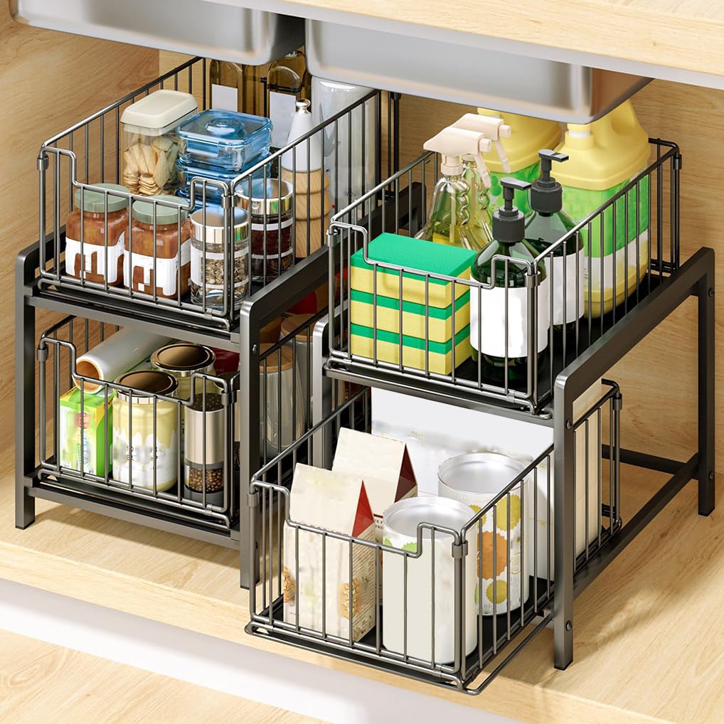 Organizador de 2 niveles para debajo del fregadero, armario de cocina, estante de almacenamiento para ahorrar espacio, estante de baño con cajón extraíble deslizante, cesta de encimera