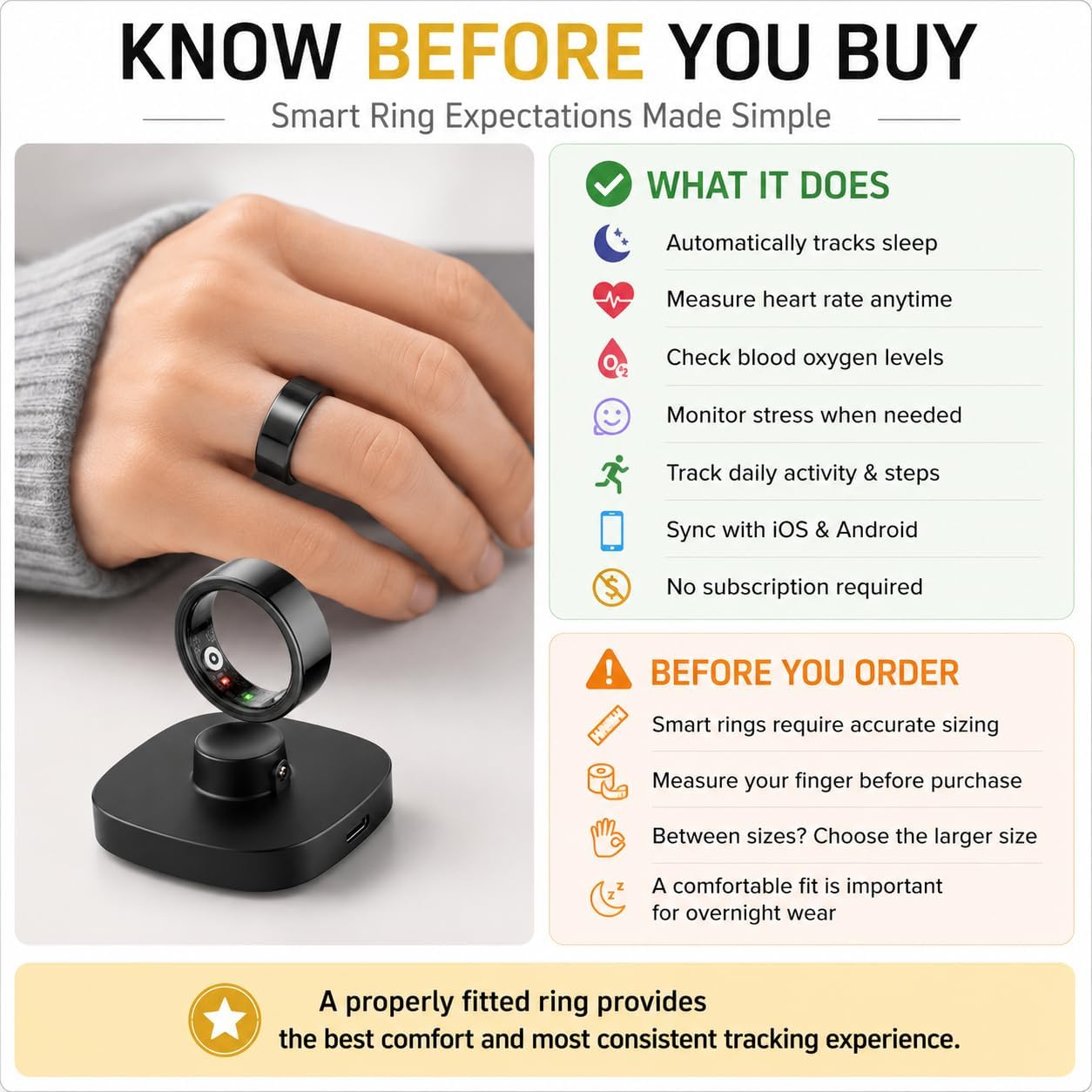 HK01 Smart Ring for Women & Men, Sleep & Stress Tracker, Waterproof Fitness Ring for iOS & Android, No Subscription Fee (Black, Size 9) image 2