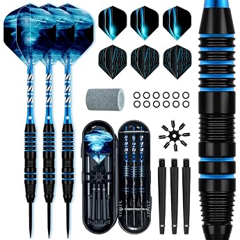 XAWU Steel Tip Darts Set of 3 22g with 9 Dart Flights 3 Aluminium Shafts 3 Spare Shafts 1 Dart Sharpener 12 Rubber O Rings Flight Guard and Dart Case