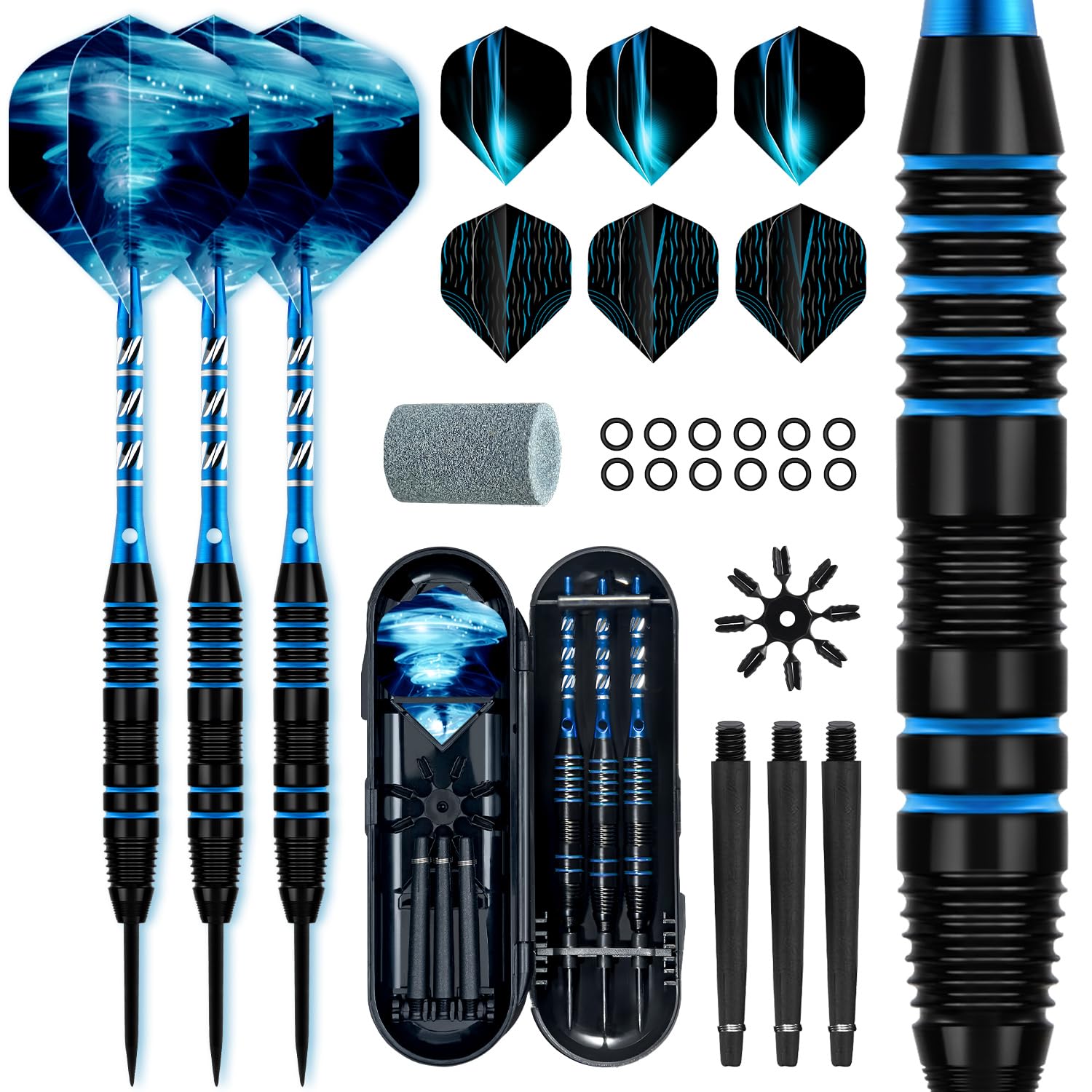 3 Pack Steel Tip Darts Set Professional Darts 22g, 24g with 9 Dart Flights 3 Aluminum Shafts 3 Spare Shafts 1 Dart Sharpener 12 Rubber O-Rings Flight Protector and Darts Case