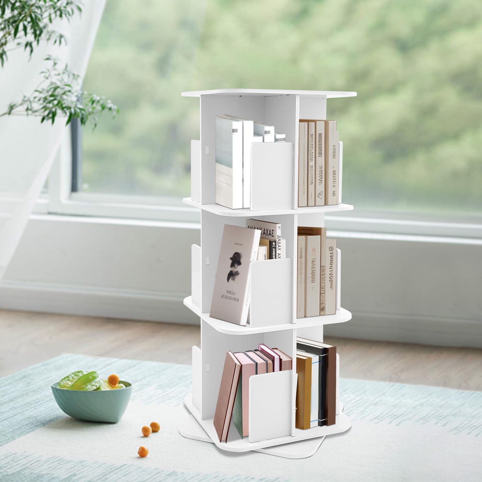 Duoruameng Estantería giratoria de 3 niveles, pantalla giratoria de 360°, estantería de pie para libros, multifuncional para salón, estudio, color blanco