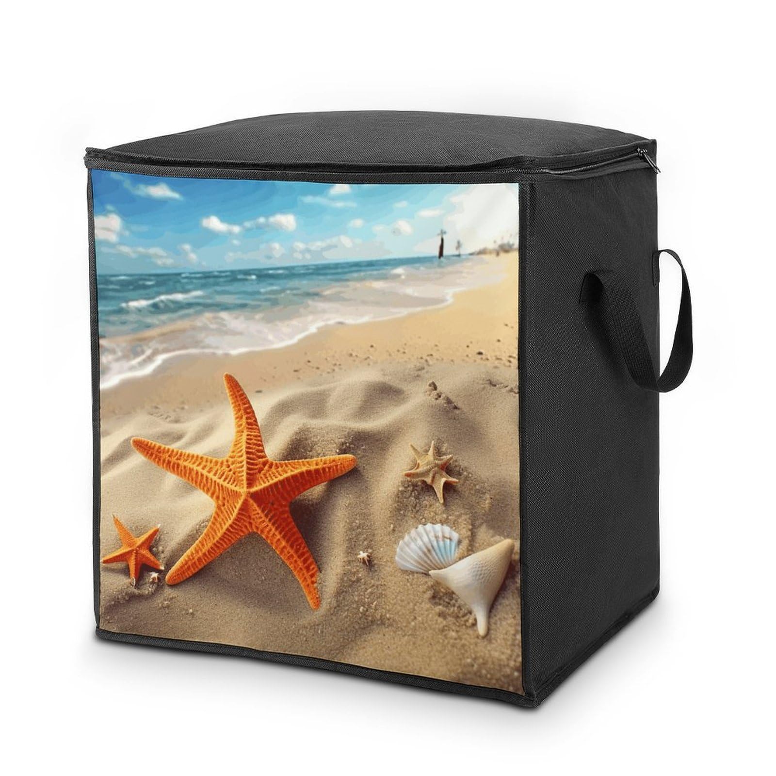 Sea Beach Starfish Storage Bag with Zippers And Handle Extra Large Bedding Comforter Storage Bag Foldable Blanket Storage Bags Fabric Moving Bags for Closet Organizer (70L)