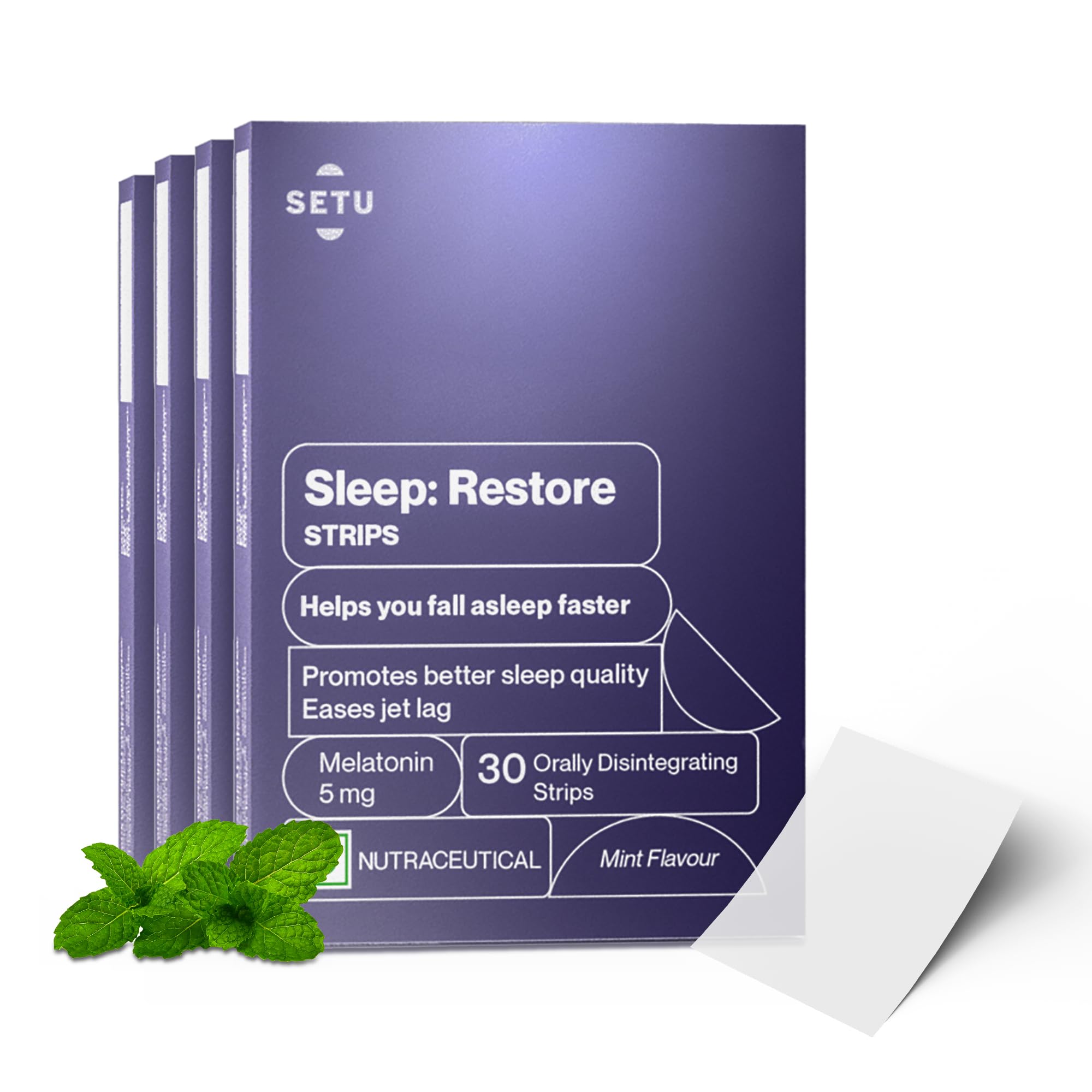 Setu Sleep Restore Melatonin 5mg - 30 Orally Dissolving Strips (Pack of 4) | Plant Based 5 mg Melatonin | Promotes Relaxation & Sleep, Eases Jet Lag Strain, Non-Habit Forming | Tasty Mint Flavor