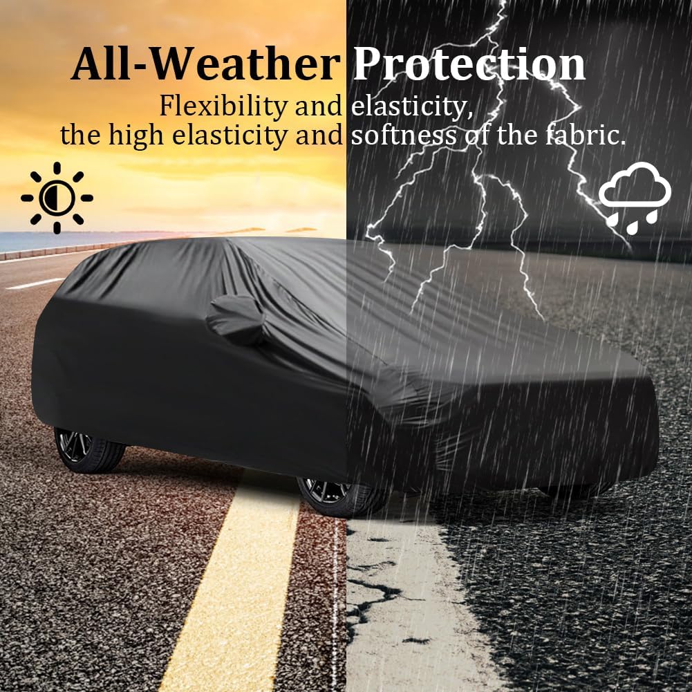 BHIEE Car Cover Waterproof Soft Stretch Full Cover All Weather Protection for Indoor and Outdoor, Underground Garage, Car Showroom, Black, fit Length 181"-193"
