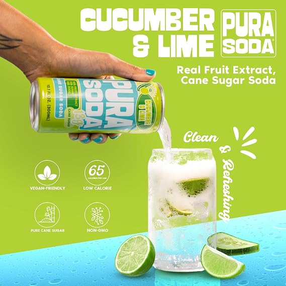PuraSoda Cucumber & Lime - 12g Pure Cane Sugar Soda, 10 Fl Oz, Pack of 24
