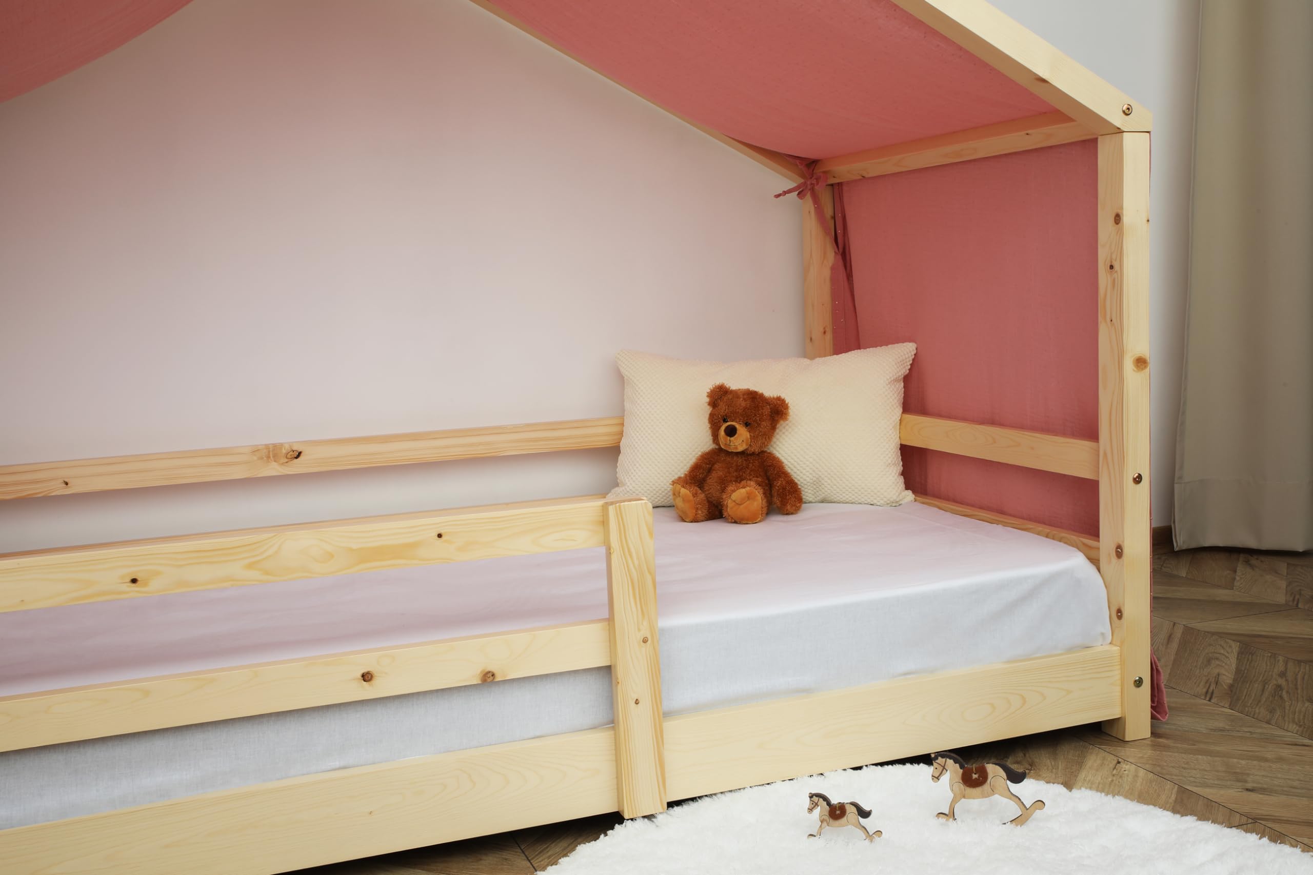 Tela Cama Casita para Cama Montessori - Dosel Cama Compatible Cama Casita Montessori 80x160 y 90x200 cm (Rosa empolvada/Oro, Modelo 2)