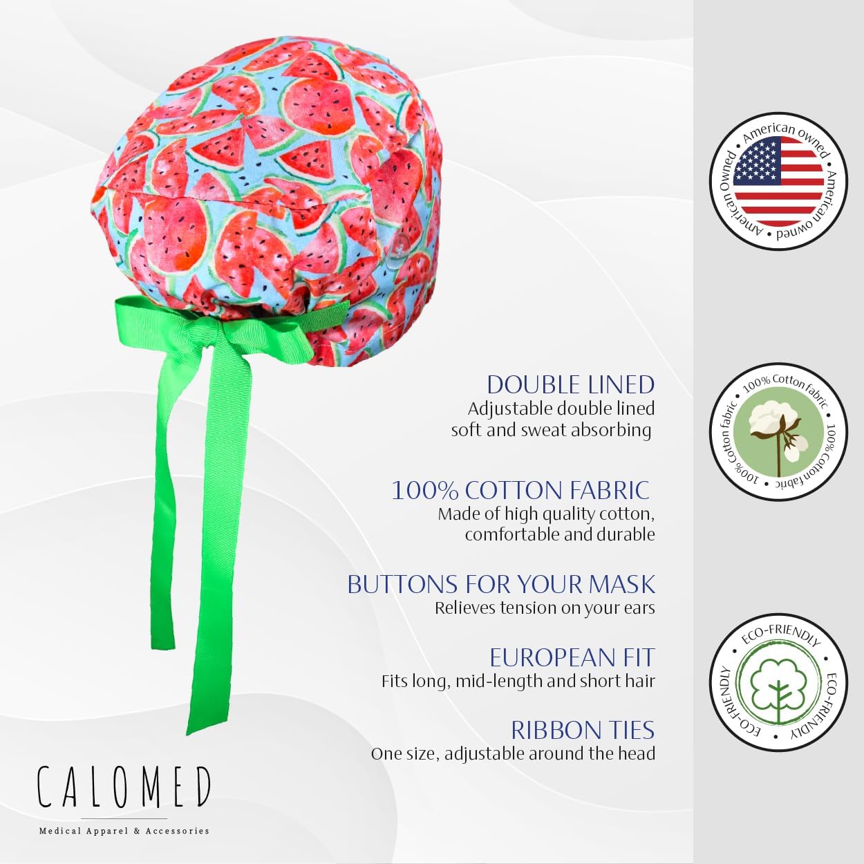 Scrub Cap for Women and Men, Euro Style Scrub Caps, Working Hat, Head Cover with Ribbons Ties and Buttons, Long or Short Hair (Watermelon)