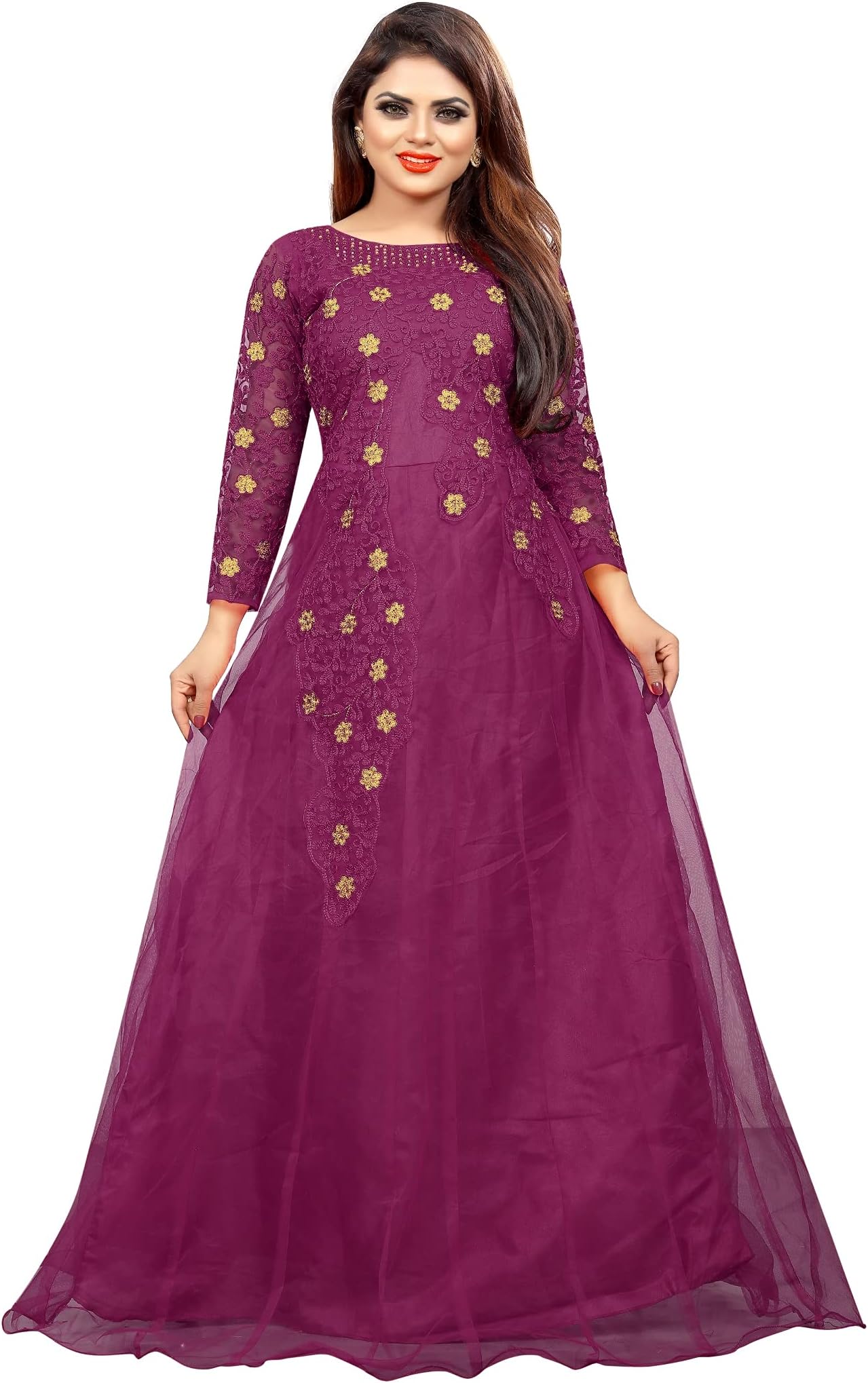 JULEE Women's Net Embroidery Semi-Stitched Gown