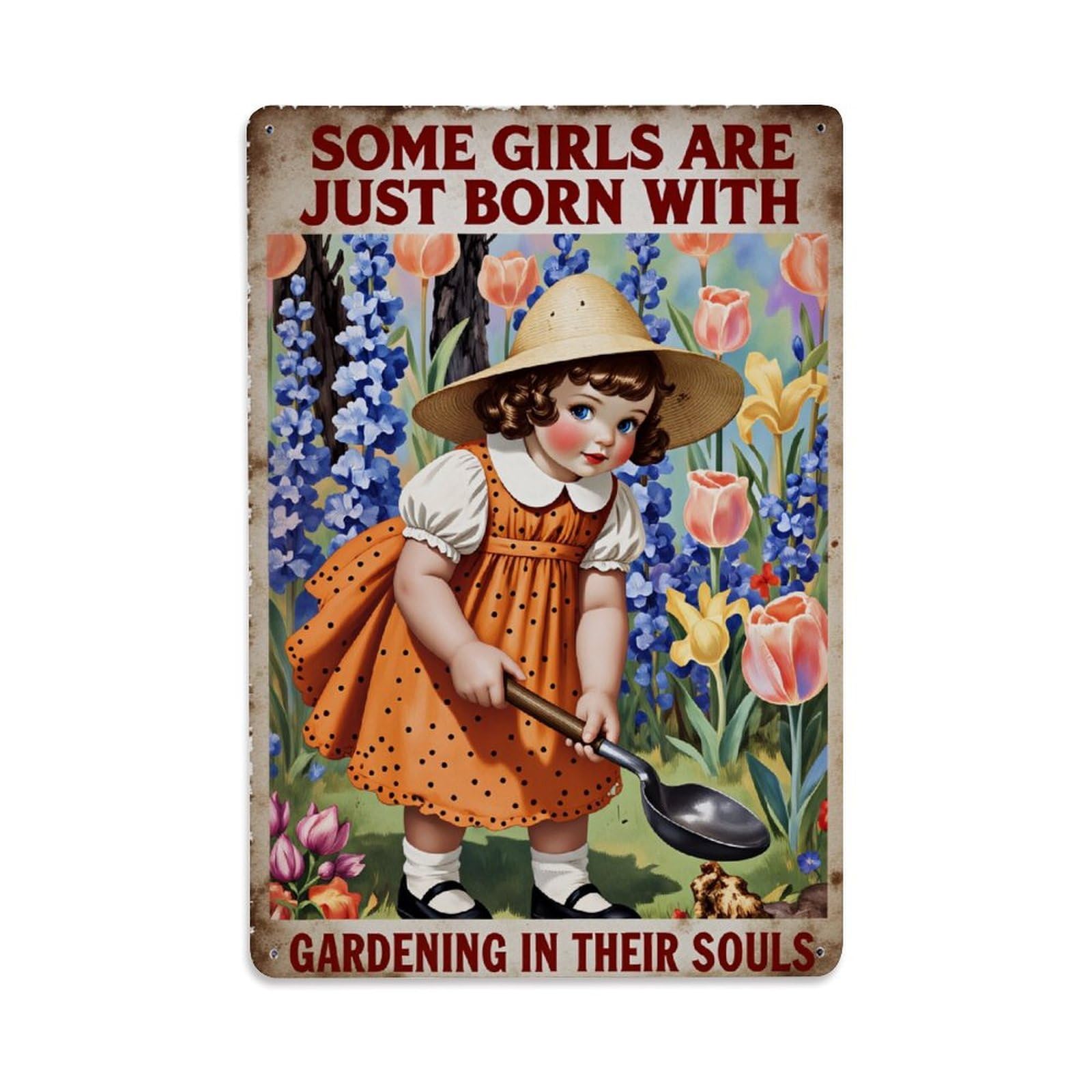 Enderetf Girls Vintage Garden With Shovel And Flowers Tin Sign Metal Poster, Home Bar Garage Man Cave Cafe Indoor & Outdoor Wall Decoration 8X12inches
