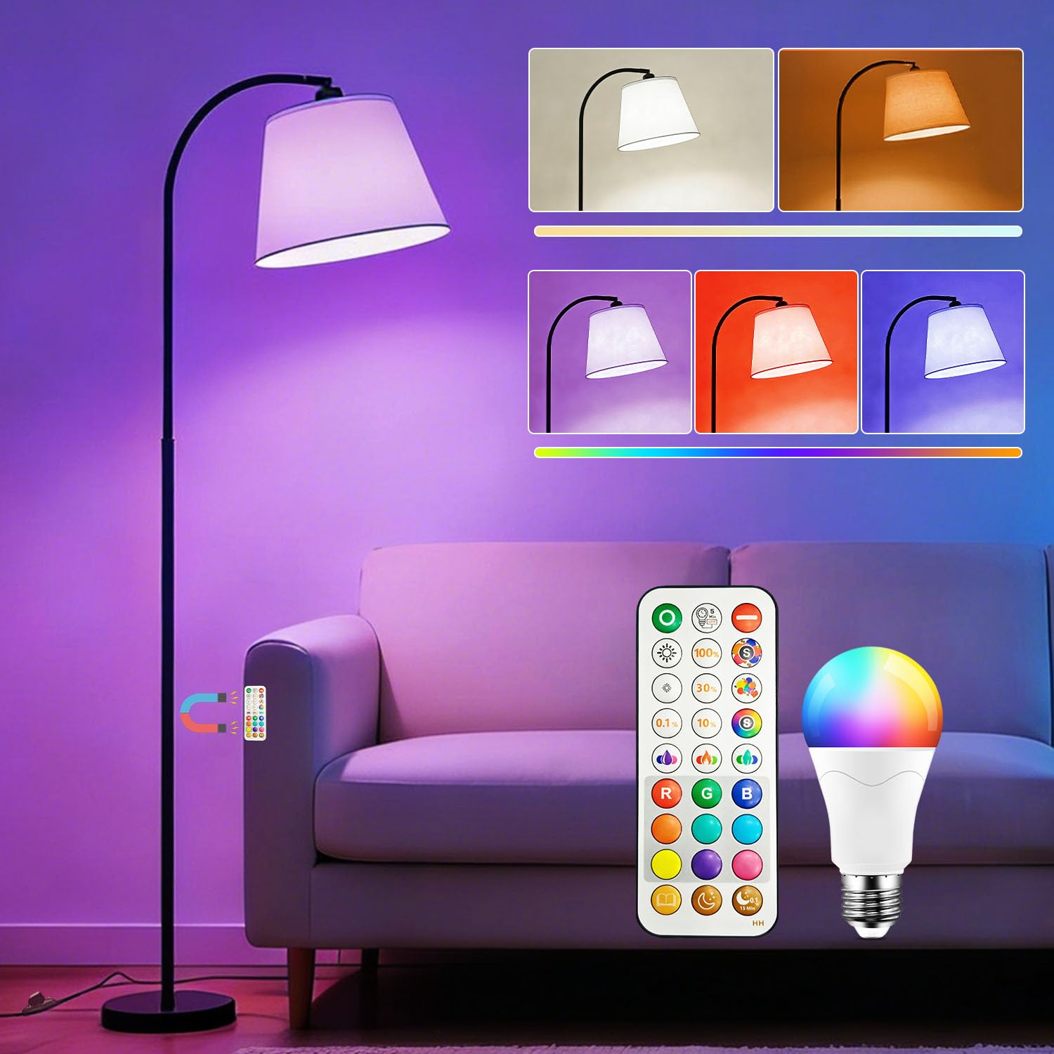 Piantana Lampada da Terra ad Arco Salotto LED Moderna, 170CM Doppio Controllo con Telecomando e Interruttore a Piede, 9 Colori +6 Dinamici, Lampadina Dimmerabile, CRI92, 1200LM, per Soggiorno e Camera