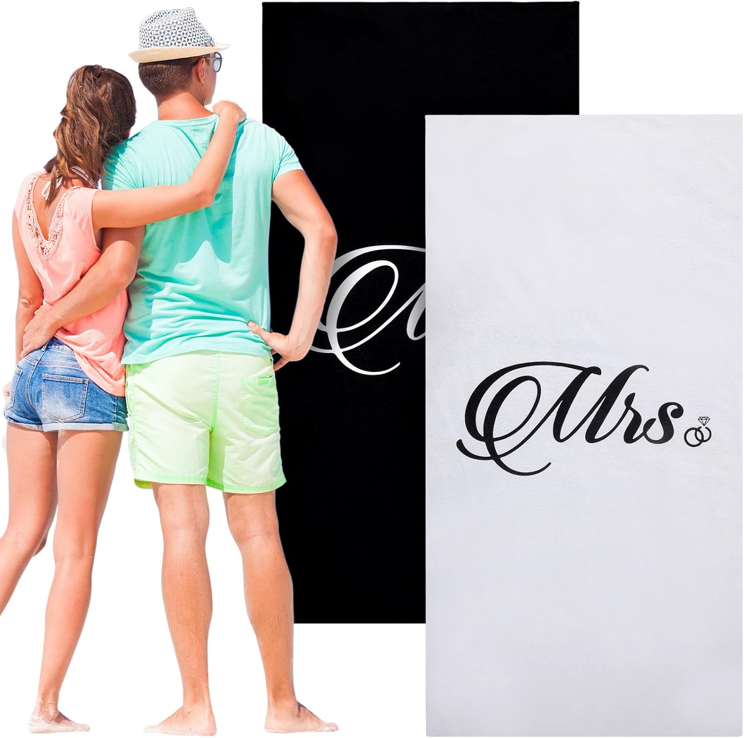 Buryeah 2 Pcs Velvet Mr and Mrs Beach Towel 71 x 35 Inch