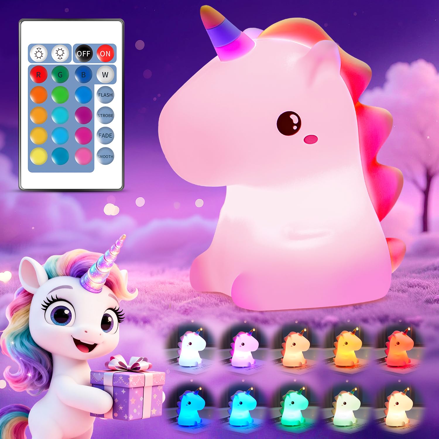 Mubarek Unicorns Gifts for Girls, Cute Night Lights for Kids Room, Squishy Silicone Unicorn Lamp, Nursery Led Rechargeable Kids Night Light Baby Toddler Light, Unicorn Room Decor for Kids Girl Bedroom
