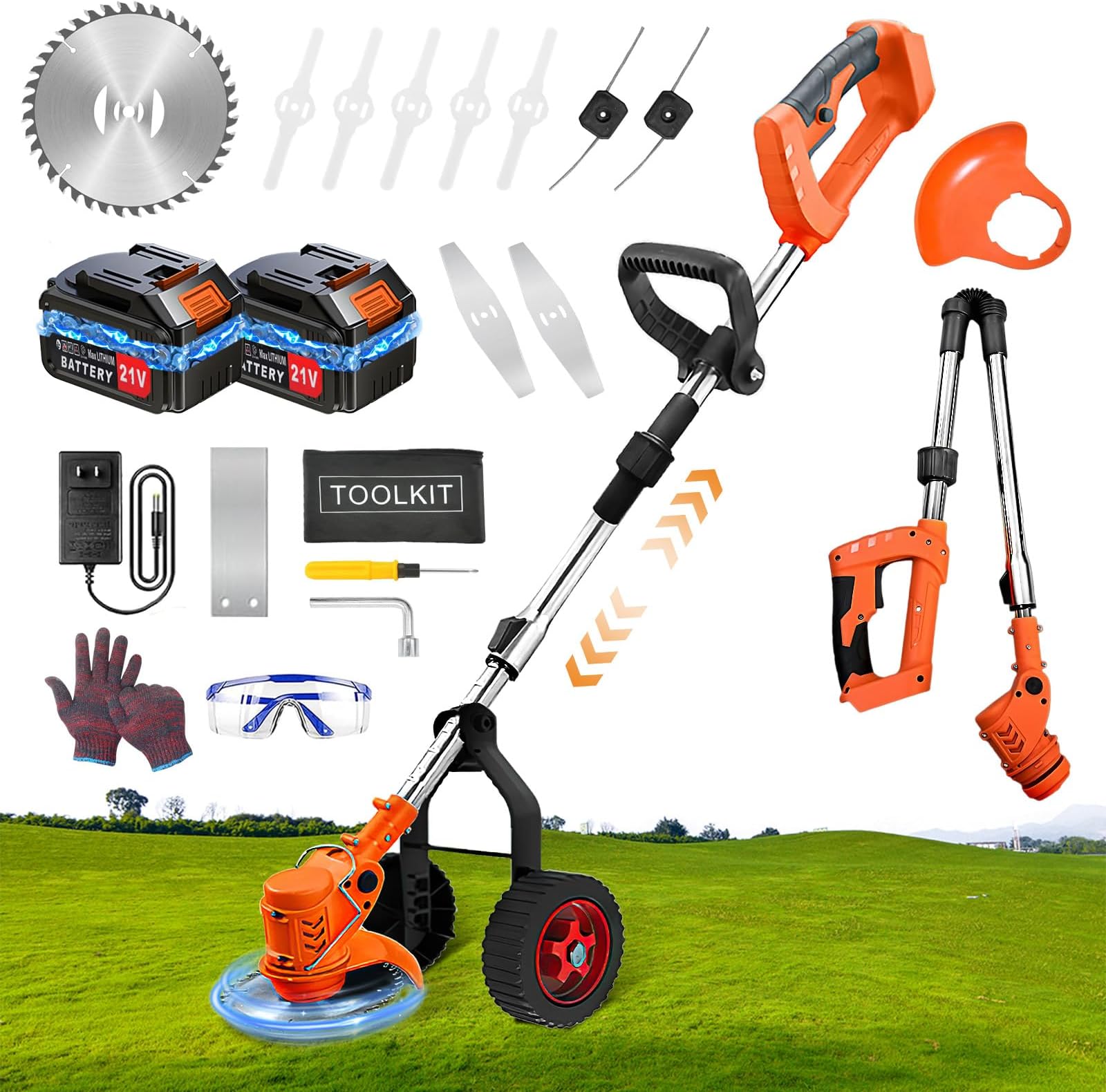ZIRWTI Weed Wacker, Cordless Battery Powered Weed Eater with Wheels, 4-in-1 Electric Grass Trimmer String Trimmer, Rechargeable Foldable Mini-Mower (2 Batteries & Charger & Blades Included)
