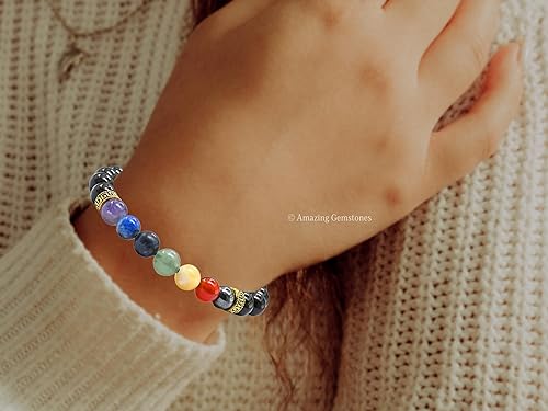 Miniatura 7 de Chakra Black Obsidian Bracelet for Women Men's Gifts - Protection Healing Crystal Bracelet - 8mm Gemstone Beaded Adjustable Bracelet Pulseras Para