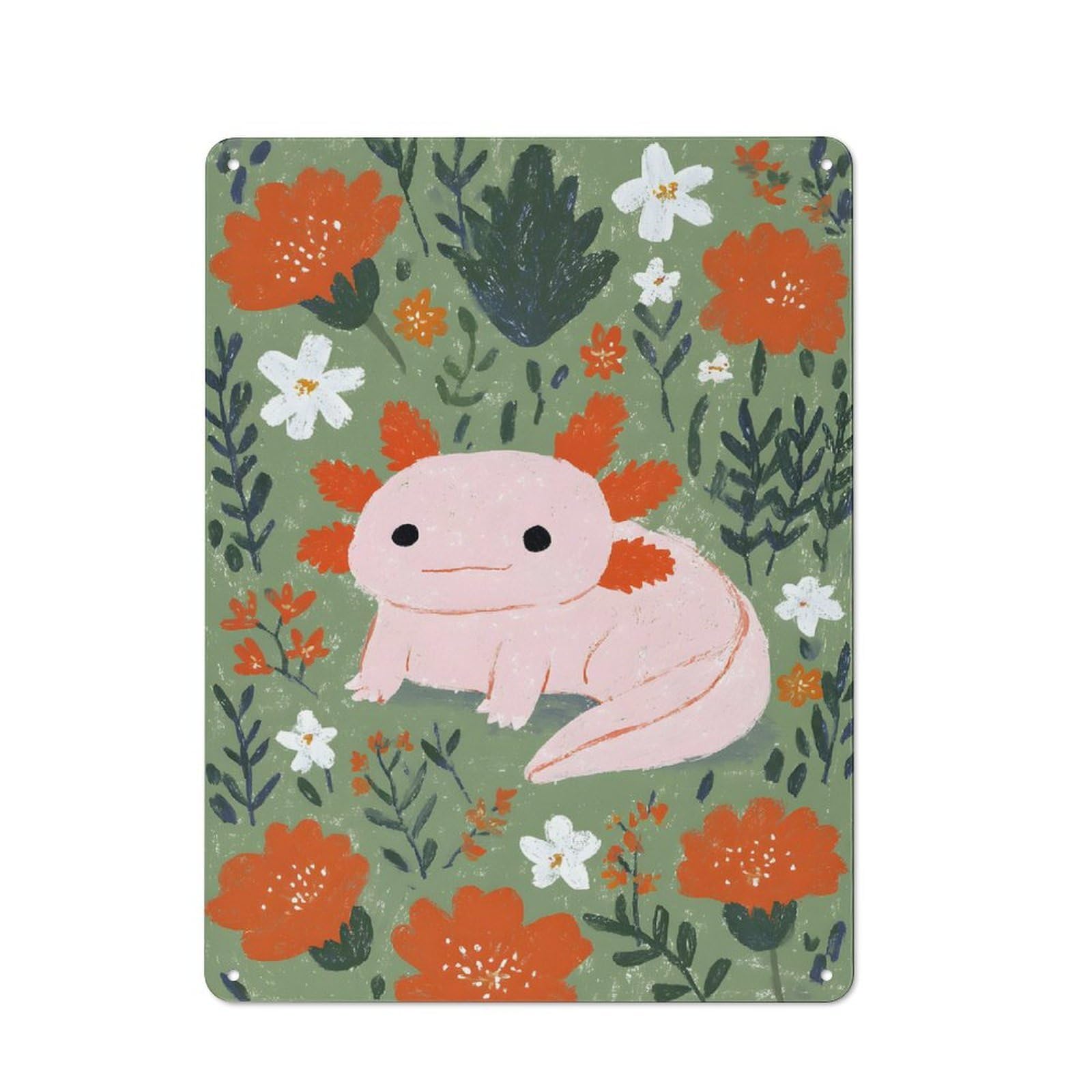 Junmoney Axolotl In A Floral Garden Rustic Metal Plaque 40X30cm For Dining Room Or Kitchen, A Housewarming Gift For Dining Room Decor Fans