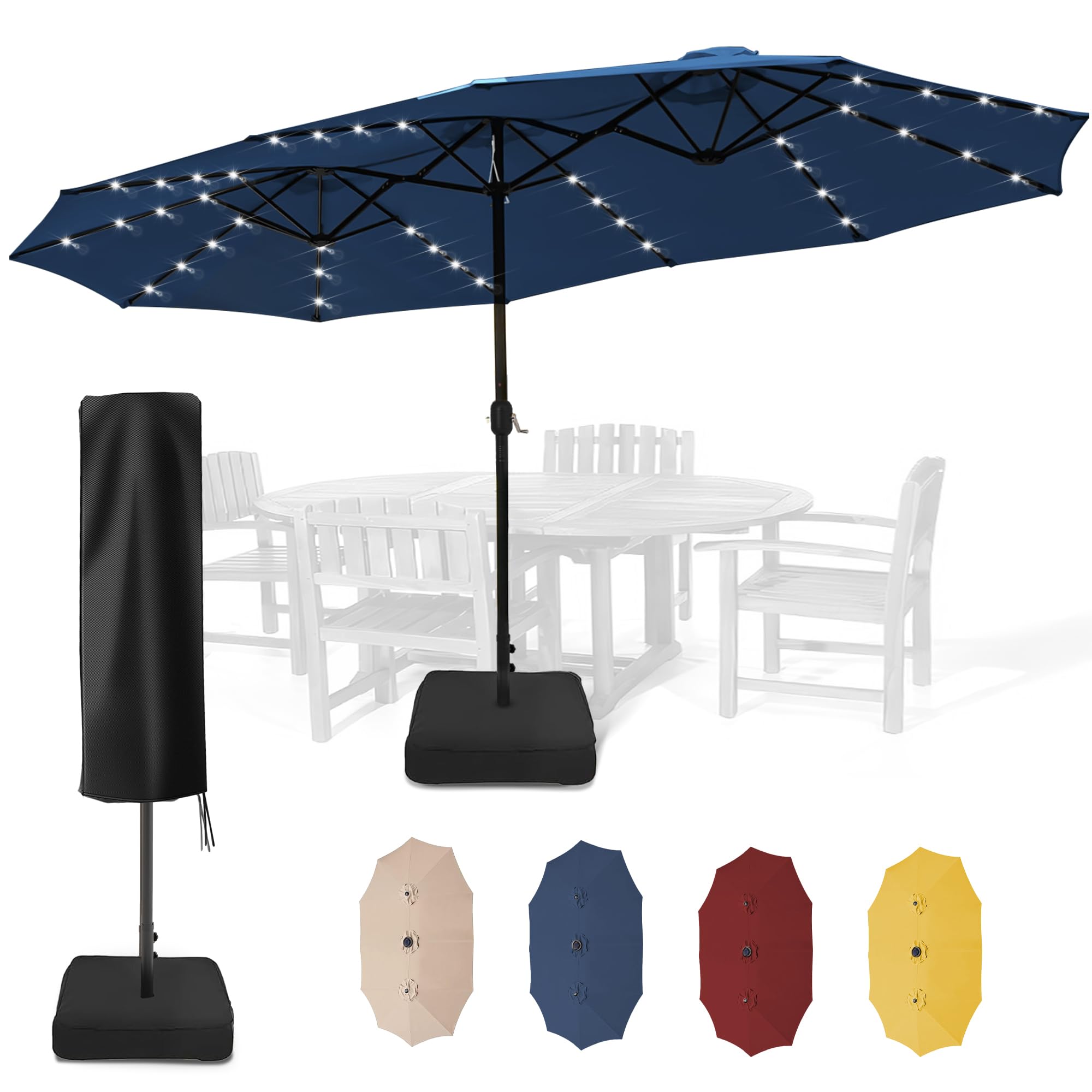 Sundale Outdoor 40LED 15ft Large Patio Umbrellas with Base Included and Umbrella Cover, Outdoor Double-Sided Umbrella with Solar Lights