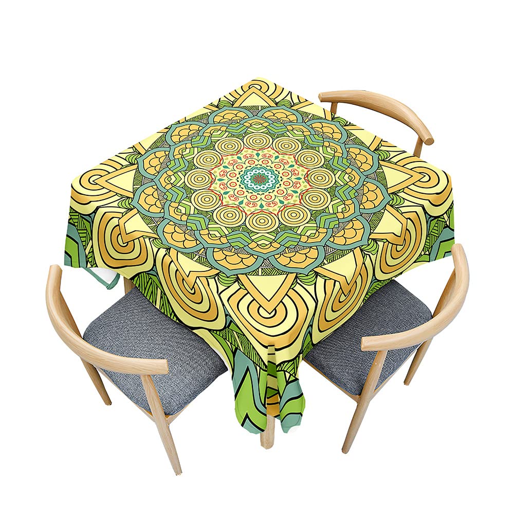 Treer Mandala Style Table Cloth, Square Splash Proof Tablecloth Tablecloths Wipeable Table Cloths for Kitchen Decoration Outdoor Picnic (180x180cm,yellow-green)