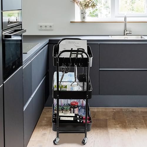 Miniatura 6 de SUNLPH Carrito utilitario rodante de 3 niveles con ruedas giratorias y 4 ganchos, fácil montaje, para cocina, baño, sala de estar, oficina (negro)