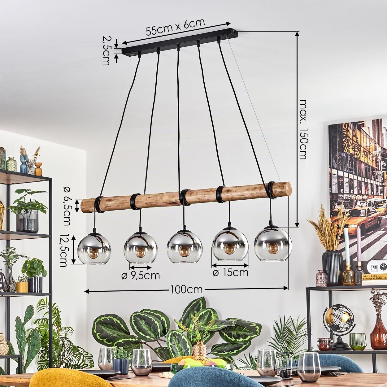 HOFSTEIN Suspension Koyoto, à 5 ampoules en métal/bois/verre noir/naturel/chrome/fumée/clair, suspension avec abat-jour en verre et poutres en bois, max. 150 cm, E27, salle à manger, salon, cuisine