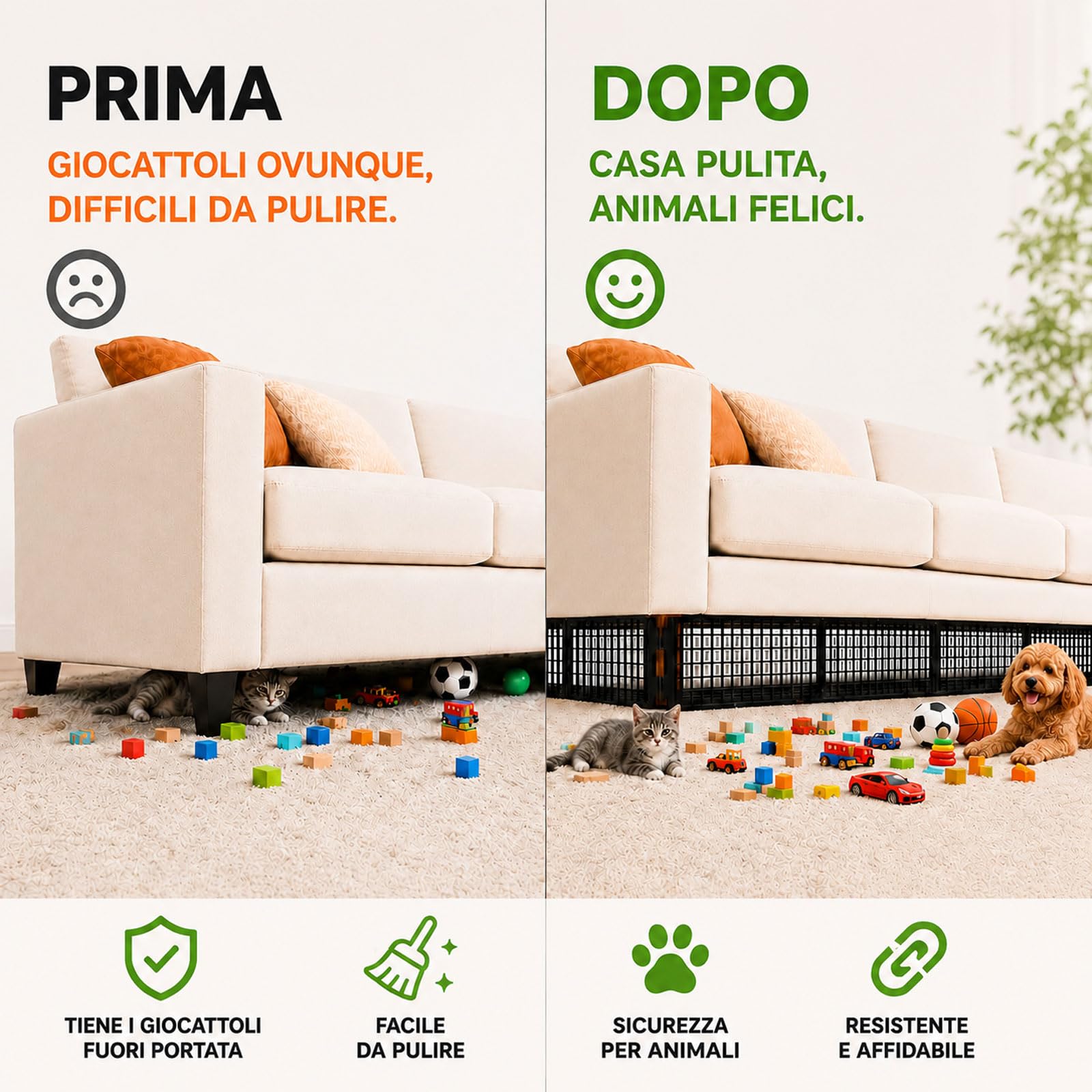 12 Pezzi Blocca Giocattoli Divano per Animali, Blocca Giocattoli Regolabile Sotto Letto & Sofà, Barriera Plastica per Fessure, Protettore Mobili con 20 Fascette