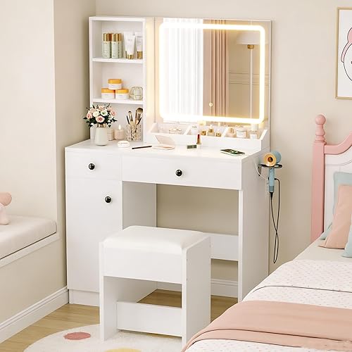 YIKEHOME Small Vanity Desk with Mirror and Lights, Girl Vanity Set with 3-Colour Light and Stool, Makeup Table with Drawers & Cabinet for Bedroom, White (023 White, Small)