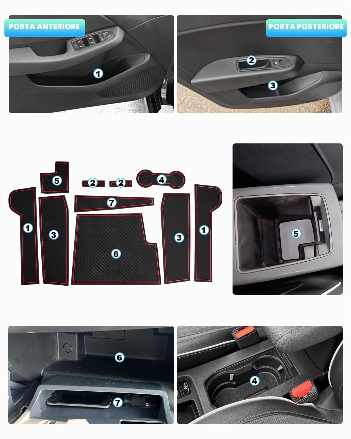 CDEFG Compatibile con Renault Clio 5 2019-2023 2024 Tappetino per console centrale antiscivolo in gomma Clio V Accessori (Rosso, Freno elettronico)