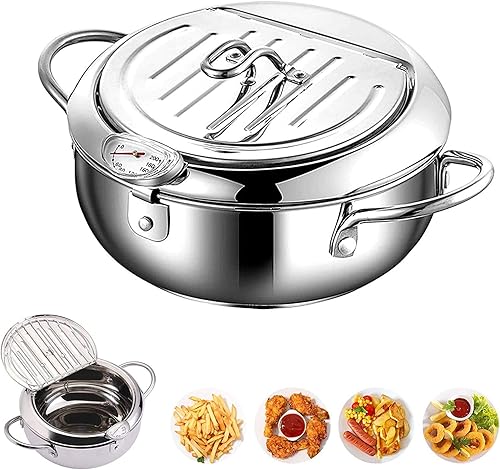 QIBOORUN Freidoras profundas de acero inoxidable Tempura con termómetro alas de pollo, tapa a prueba de polvo y estante de goteo de aceite para