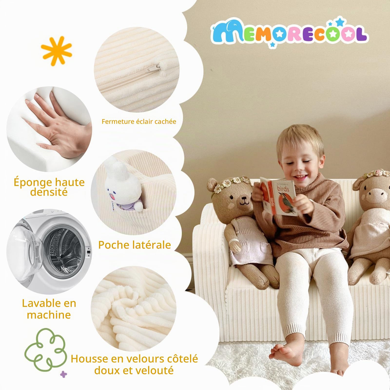 MeMoreCool Canapé enfant en velours côtelé, fauteuil pliant pour tout-petit, canapé-lit pliant pour enfant pour la salle de jeux, confortable canapé-lit convertible pour bébé pour filles et garçons