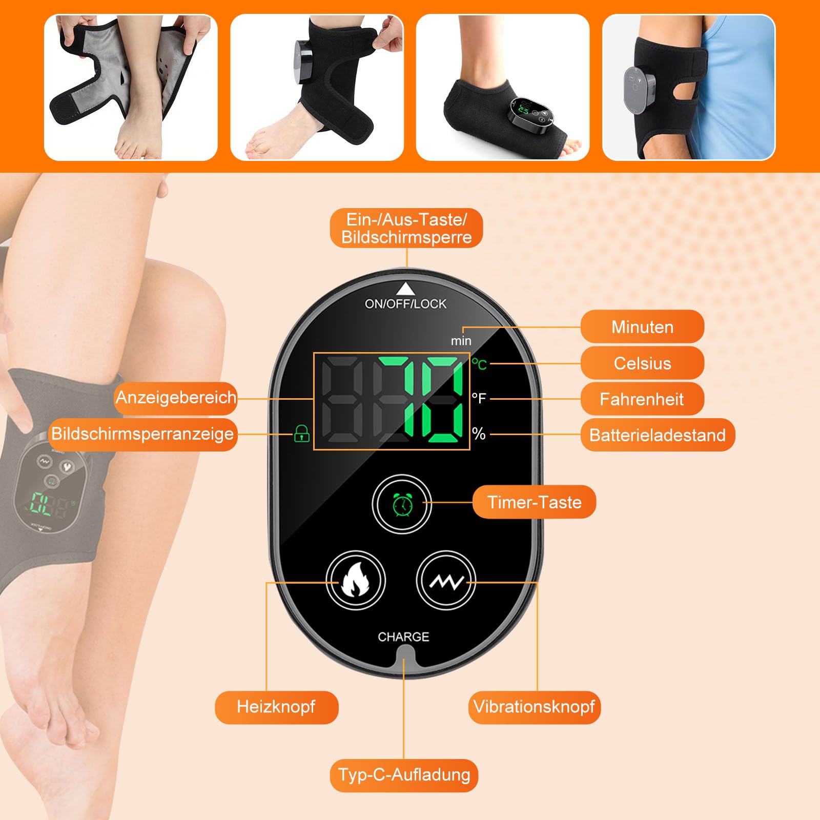 3-in-1 Fußmassagegerät Elektrisches Kabellos mit 3 Massage-Modi, 6 Wärmestufen & 3 Timer-Einstellungen - Tragbar für Knöchel, Ferse, Fußsohle und Fußrücken (3000mAh Akku) (Schwarz)
