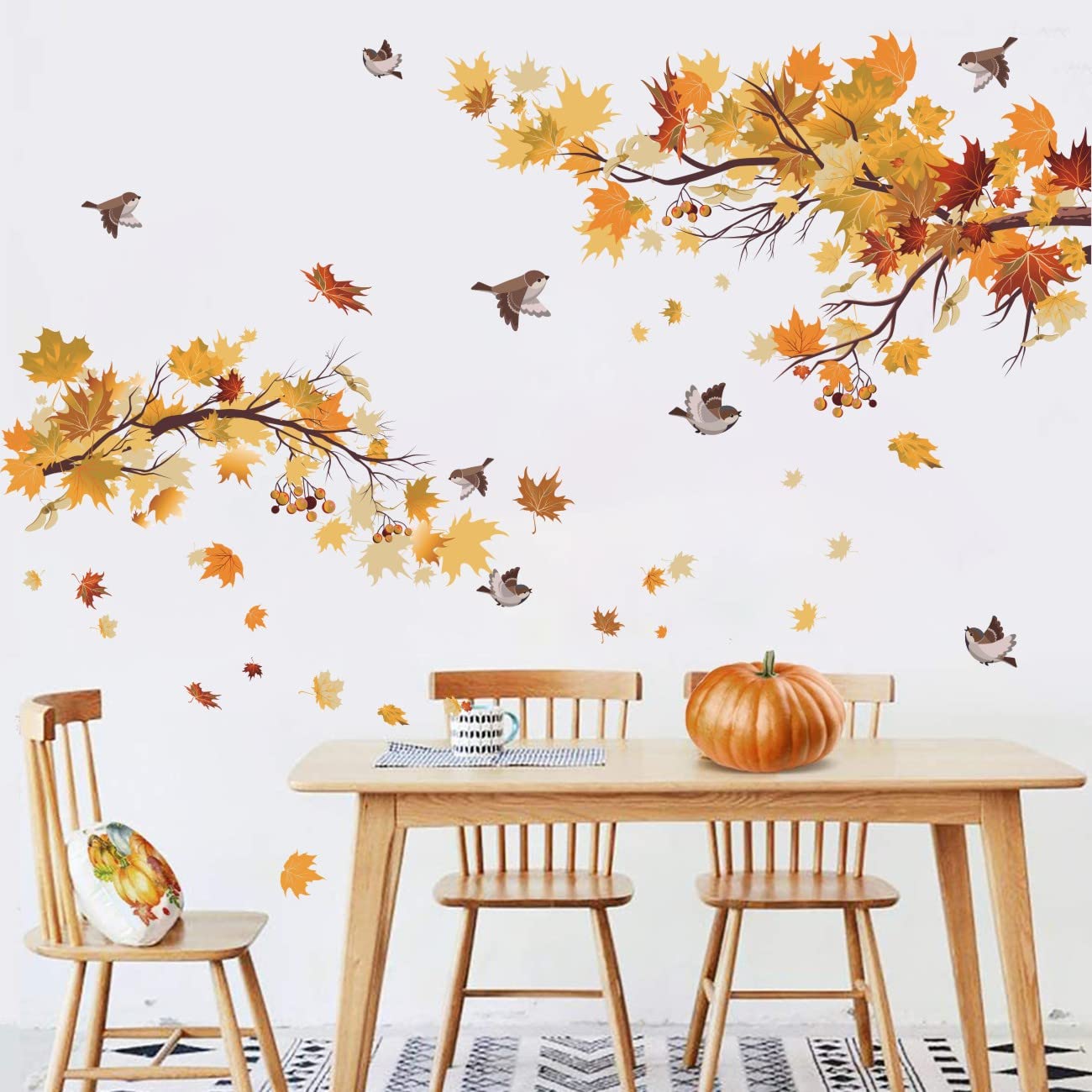 TOARTi Autumn Leaves Wall Stickers for Living Room Fall Season Maple Yellow Leaves Wall Decals,Thanksgiving Birds Autumn Tree Branch Leaf for Bedroom Window Decoration(36 pcs)