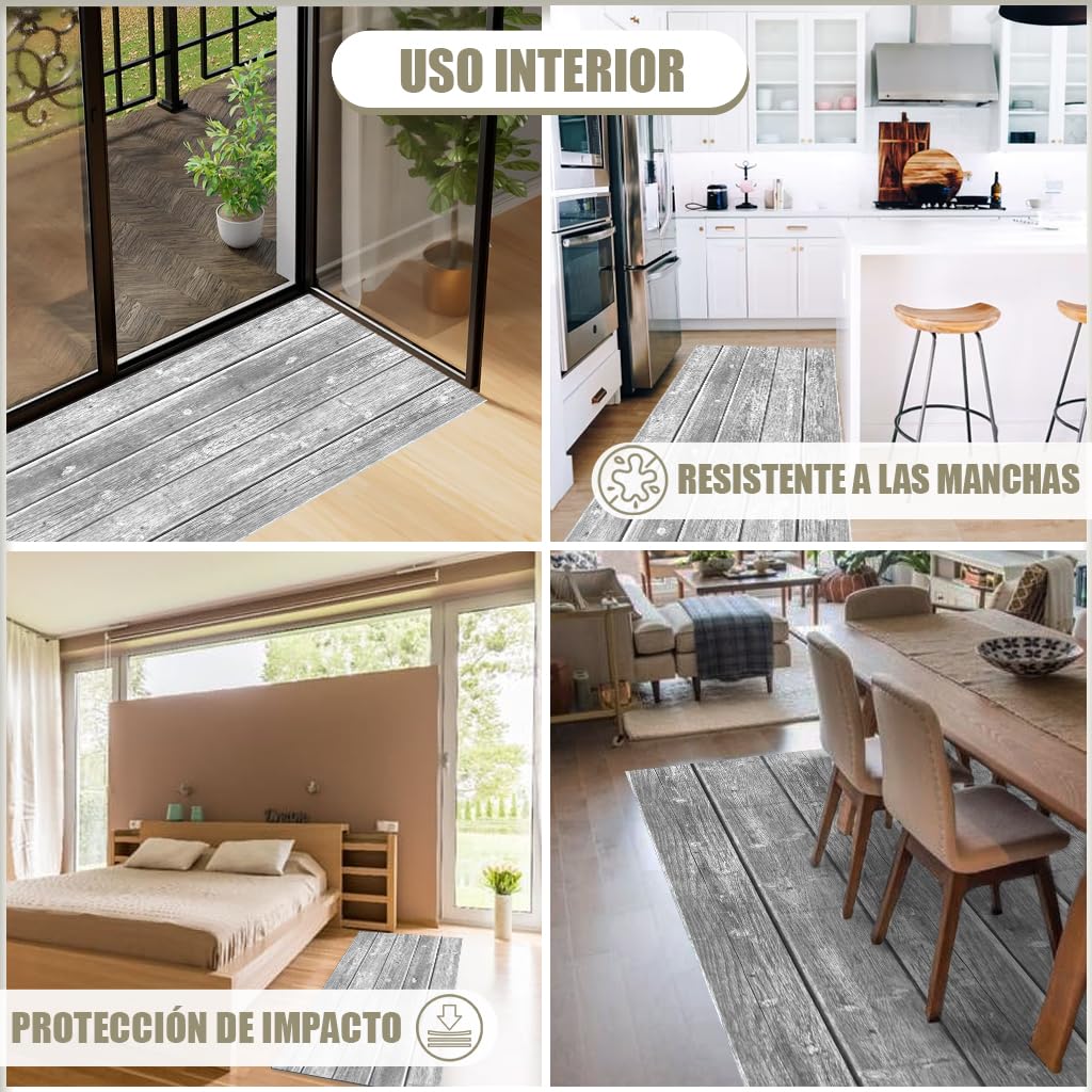 Alfombras Vinilicas Efecto Parquet Gris 180 x 60 - Alfombra Vinilica Cocina Resistente y Antitropiezos - Alfombra Cocina Lavable Antideslizante para Interior/Exterior - Alfombras de Vinilo Esponjosas