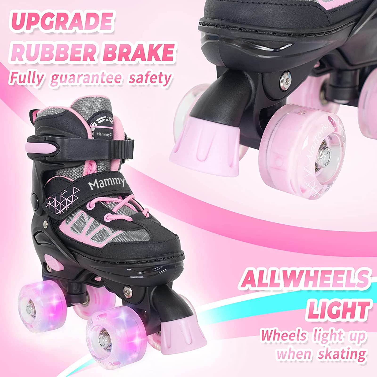 MammyGol Roller Skates for Kids Boys Girls, Adjustable Quad Skates with Light Up Wheels for Toddler Little Kids Ages 6-12, Beginners Outdoor Sports