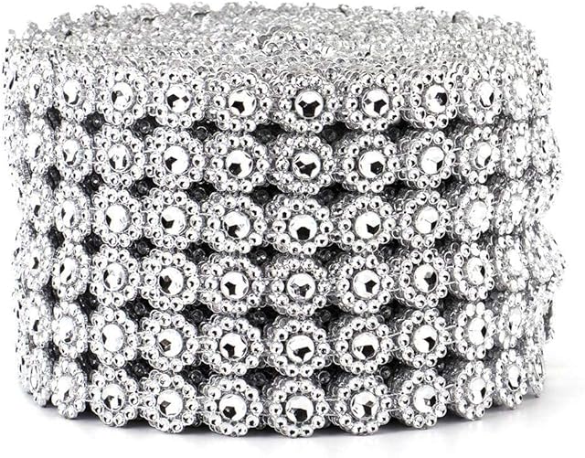 Bestenrose Rhinestone Flower Diamond Mesh Wrap Roll Faux Crystal Rhinestone Ribbon for Wedding Birthday Decorations Arts Crafts 6 Rows 10 Yard/Roll (Silver)