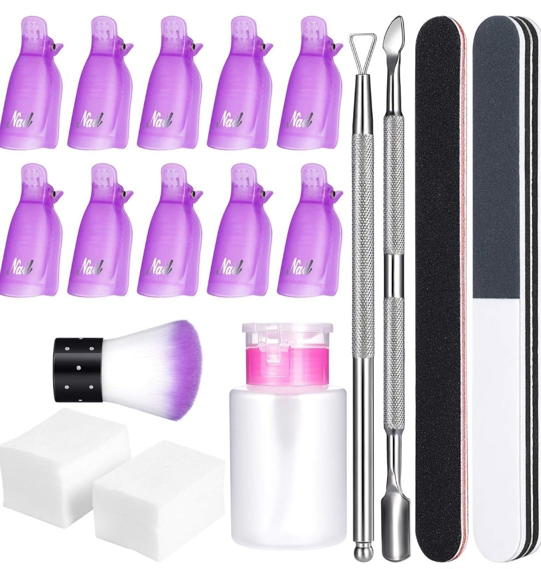 Nail Polish Gel Remover Tools Kit with 10 Nail Clips, 500 Nail Remover Pads, Nail Polish Remover Bottle, Cuticle Pusher, Cuticle Peeler, Nail Brush, 100/180 Grits Nail File Buffer Block-image-39