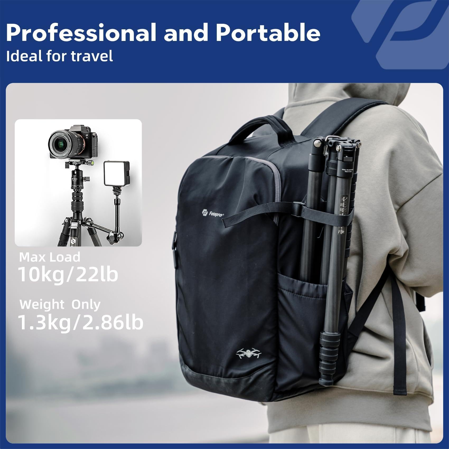 Fotopro Statyw z włókna węglowego 185 cm do aparatu, kompaktowy statyw podróżny z głowicą kulową, zdejmowany monopod z płytą szybkiego zwalniania i torbą na aparat, nośność do 10 kg, stojak