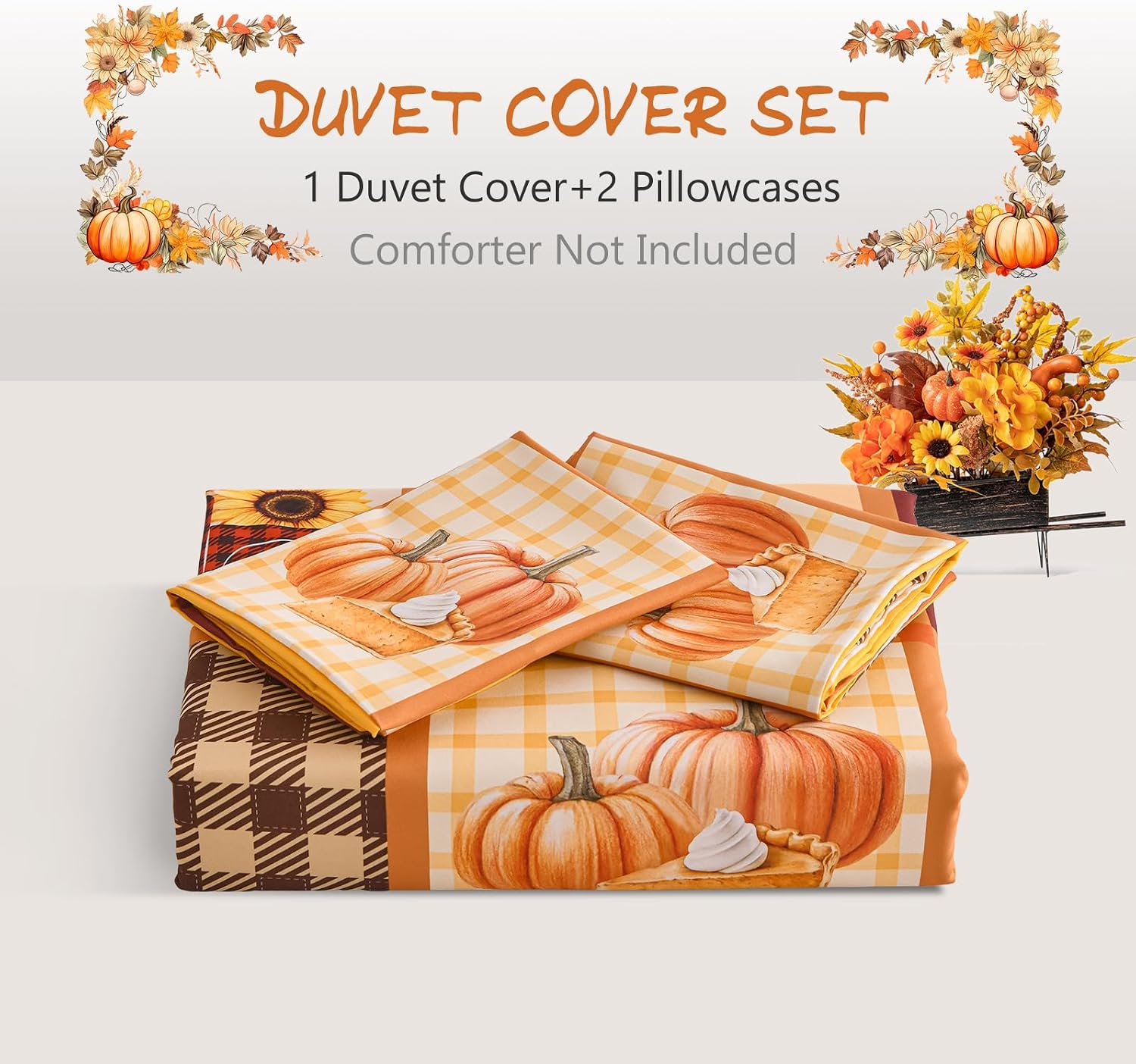 Cottolester Thanksgiving Patchwork Duvet Cover Set Queen Size,Pumpkin Sunflower Duvet Cover Queen Size,Fall Farm Comforter Cover,Autumn Harvest Themed Polyester Bedding Set